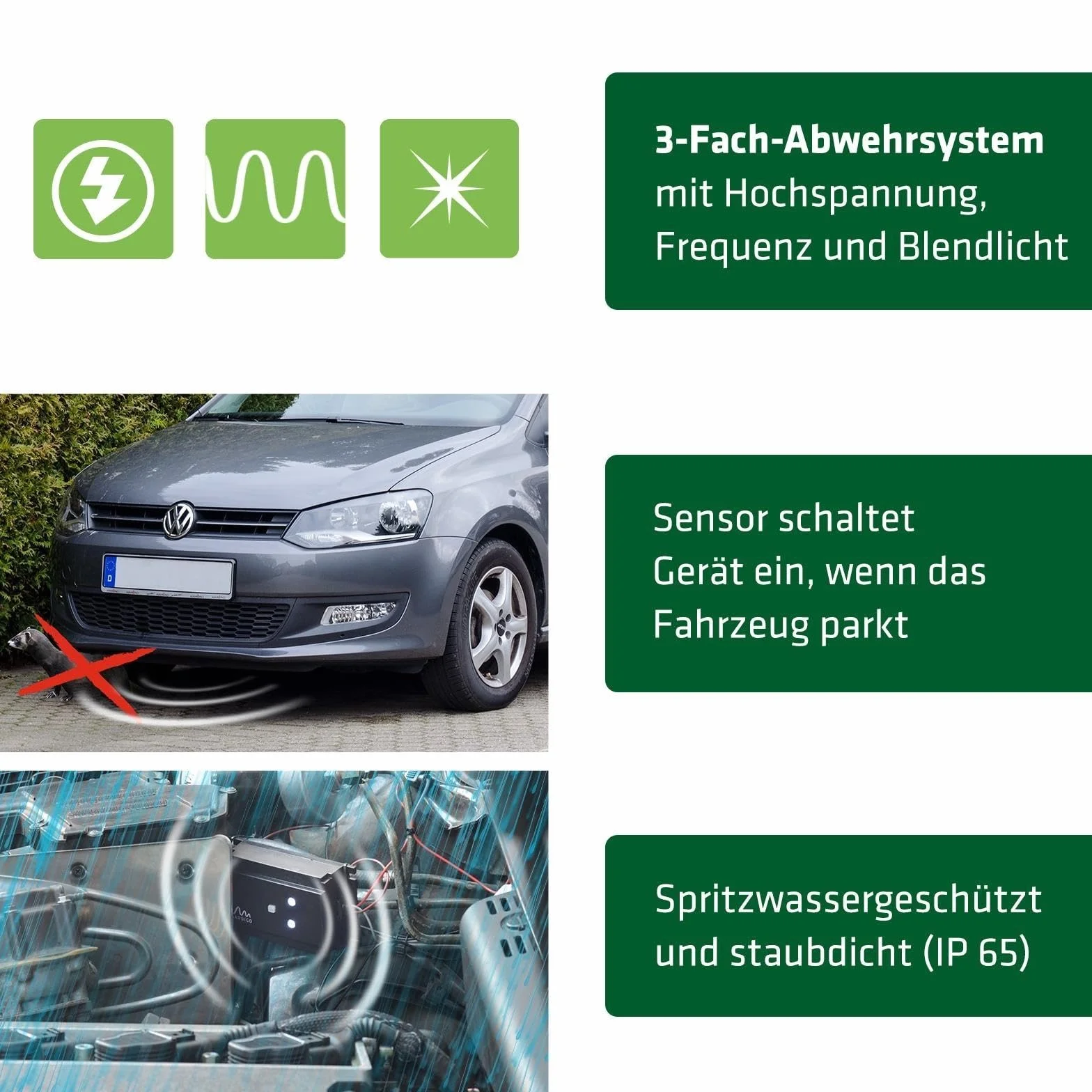 Gardigo® Marderschreck Auto Stromschlag | 3-fache Marderabwehr durch Ultraschall Blitzlicht und Elektroschock | Marderschutz im Motorraum | IP65 | Anschluss an Autobatterie | 400V | 12-24 kHz