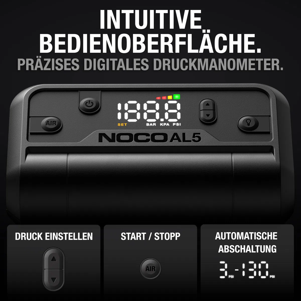 NOCO Air AL5: UltraSchnelle 5A Akku-Luftpumpe – Tragbarer Akku-Kompressor – 17 SLPM Luftstrom, 0–40 PSI in 7 Min – Digitales Manometer + automatische Abschaltung