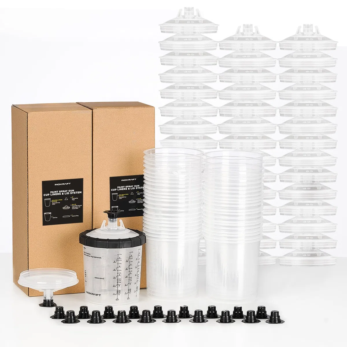 InoKraft Einweg-Farbspritzpistolenbecher 22 Unzen 650 ml Set 45 Becher Deckel HVLP LVLP