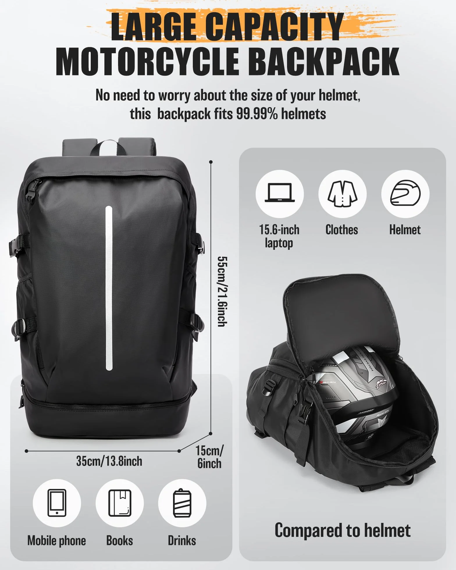 Motorradrucksäcke Wasserdicht Helmrucksack für Herren Damen Groß Motorrad Rucksäcke Reise Rucksäcke mit Schuhfach Leicht Herren Motorradrucksack Motorcycle Backpack Schwarz