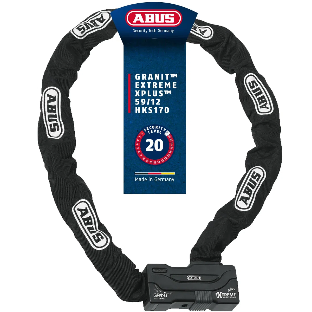 ABUS Schloss-Ketten-Kombi Granit Extreme Plus 59 - Motorradschloss aus 12 mm starker Sechskantkette - ABUS-Sicherheitslevel 20 - 170 cm Kettenlänge