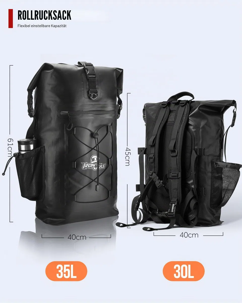 Grapelet Motorrad Rucksack，Wasserdicht Motorrad Rucksack 40L，Motorradrucksäcke für Herren，Rolltop Rucksack mit abnehmbaren Schultergurten PVC500D schwarz Dry Bag mit Seitentasche