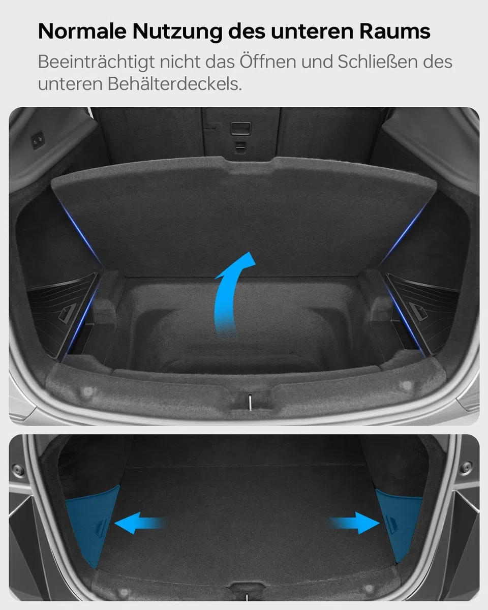 Kofferraum-Organizer für Tesla Model Y Juniper 2025 2026 2er Set mit Deckel – Wasserdicht, 1:1 Passform, Geruchsneutral & Rutschfest, für Schuhe, Werkzeug, Einkäufe, Schwarz