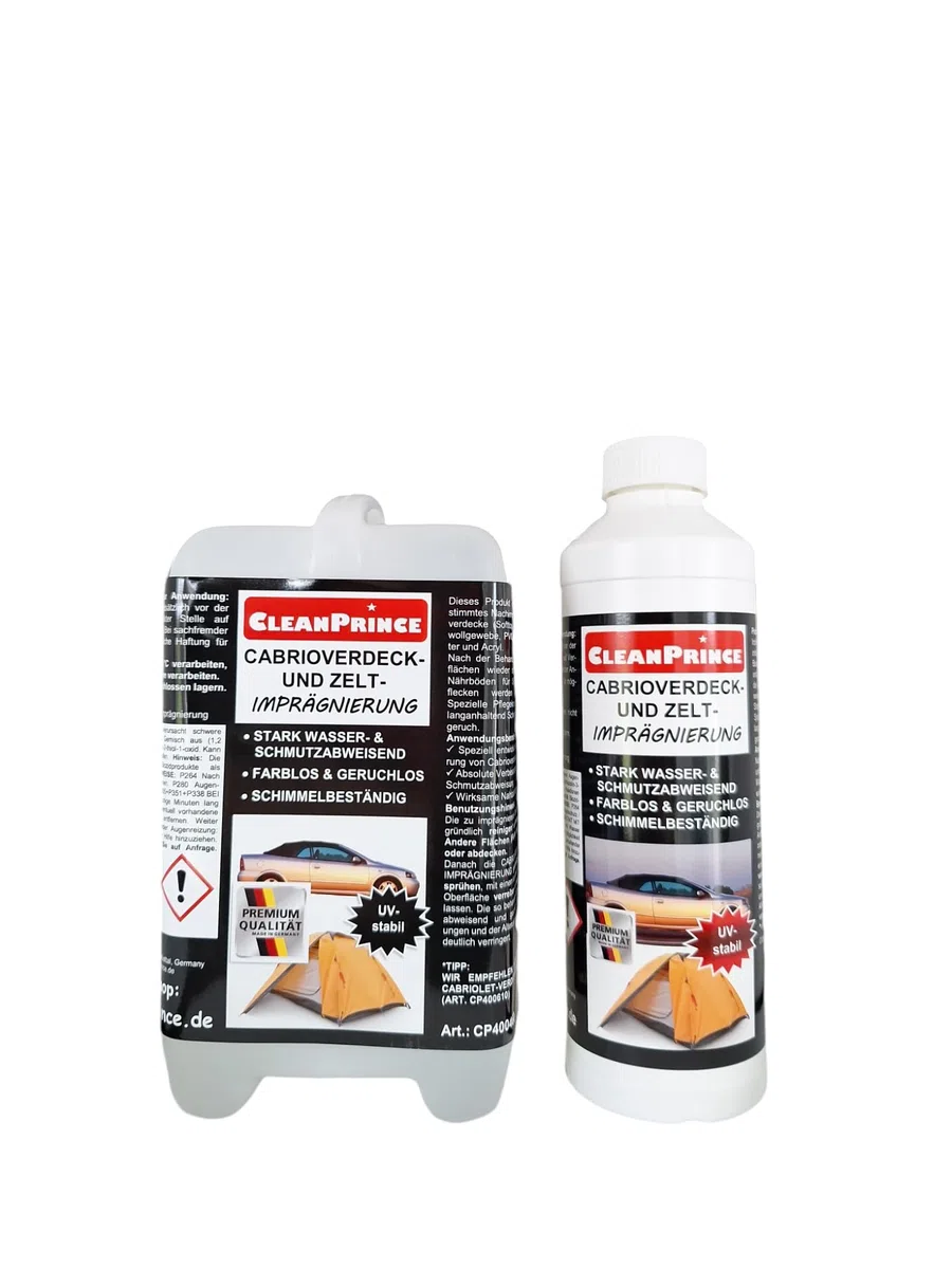 CleanPrince Cabrio- und Zelt-Imprägnierspray 2,5 Liter | Cabriolet Imprägnierung Verdeck Auto Gewebe Zelte Imprägniermittel Markisen farblos geruchlos schmutzabweisend UV-stabil