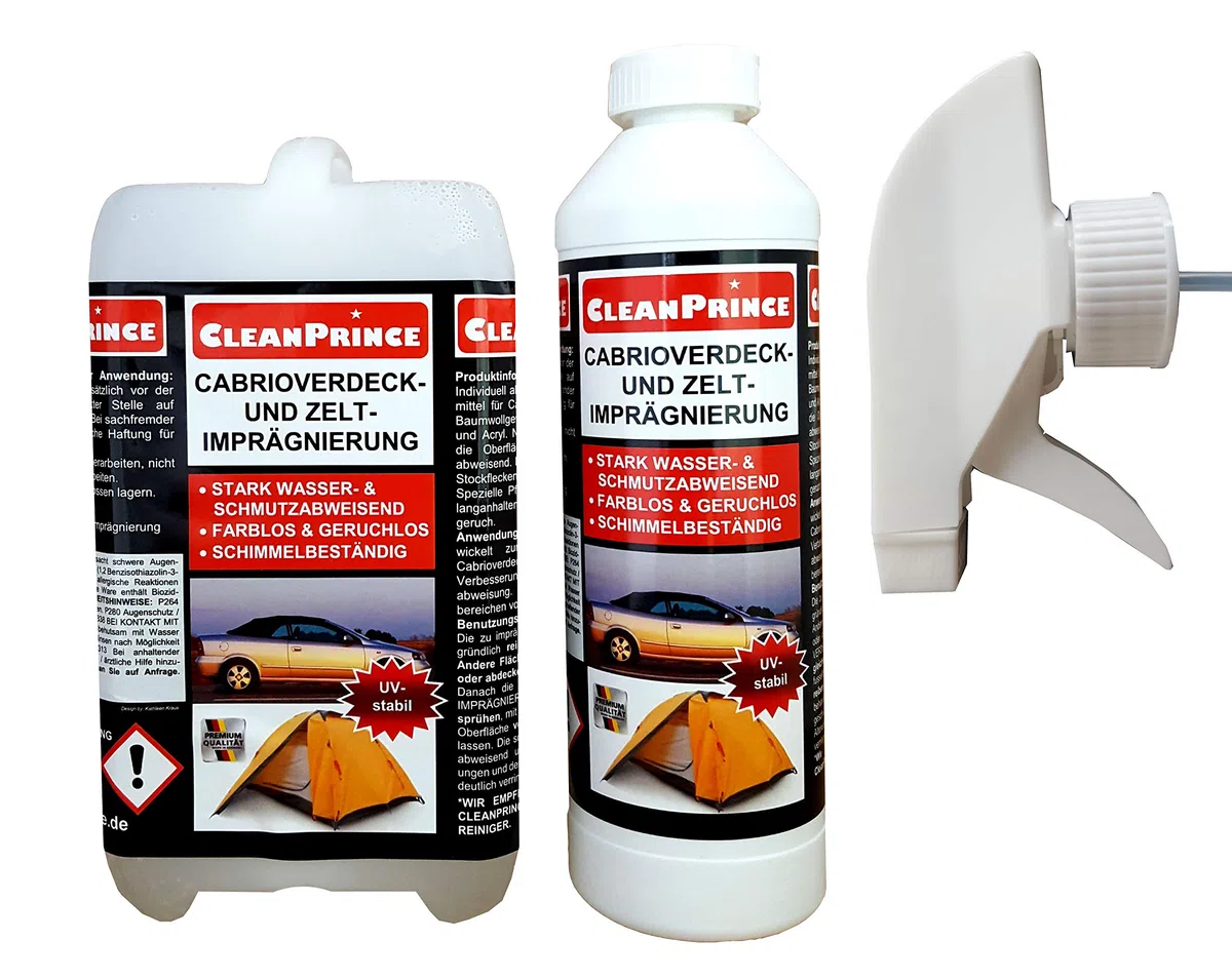 CleanPrince Cabrio- und Zelt-Imprägnierspray 2,5 Liter | Cabriolet Imprägnierung Verdeck Auto Gewebe Zelte Imprägniermittel Markisen farblos geruchlos schmutzabweisend UV-stabil
