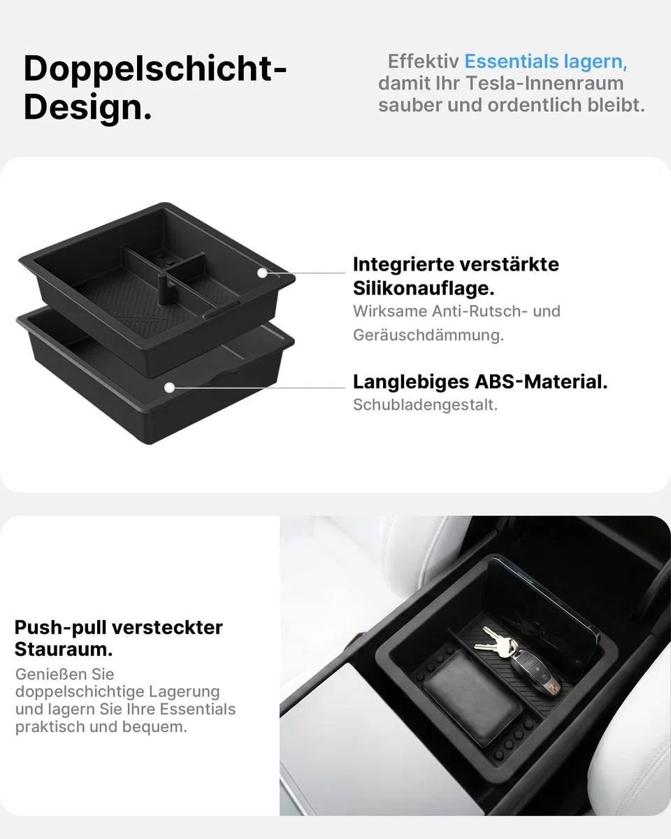 4-Teiliges Mittelkonsole Organizer für Tesla Model 3 Highland 2024-2026 & Model Y Juniper 2025-2026 (nur Premium & Performance), Aufbewahrungsbox Armlehnenablage Zubehör