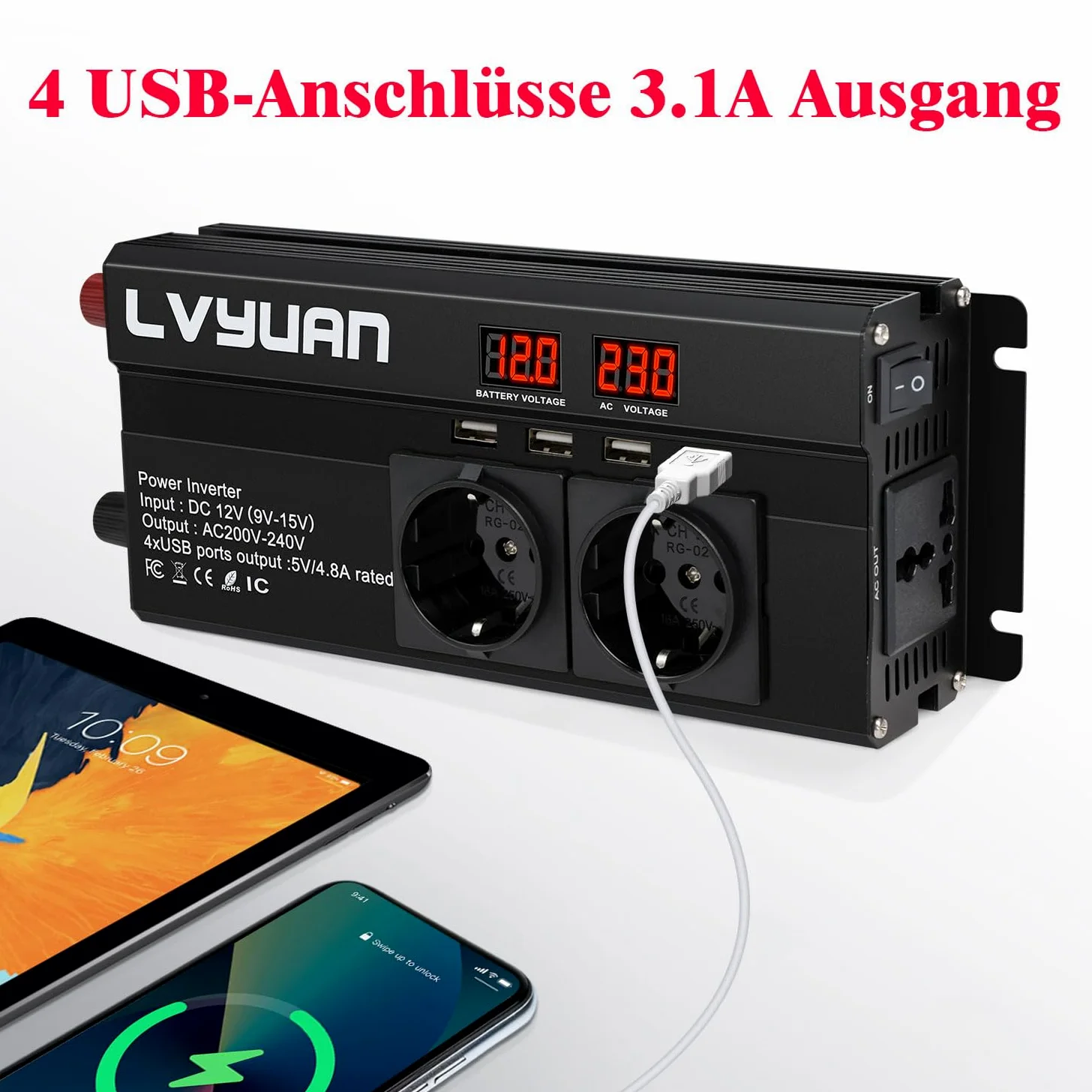 LVYUAN Wechselrichter 12V 230V 2000W Spannungswandler mit 3 Steckdose und 4 USB LED Spannungsanzeige Inverter