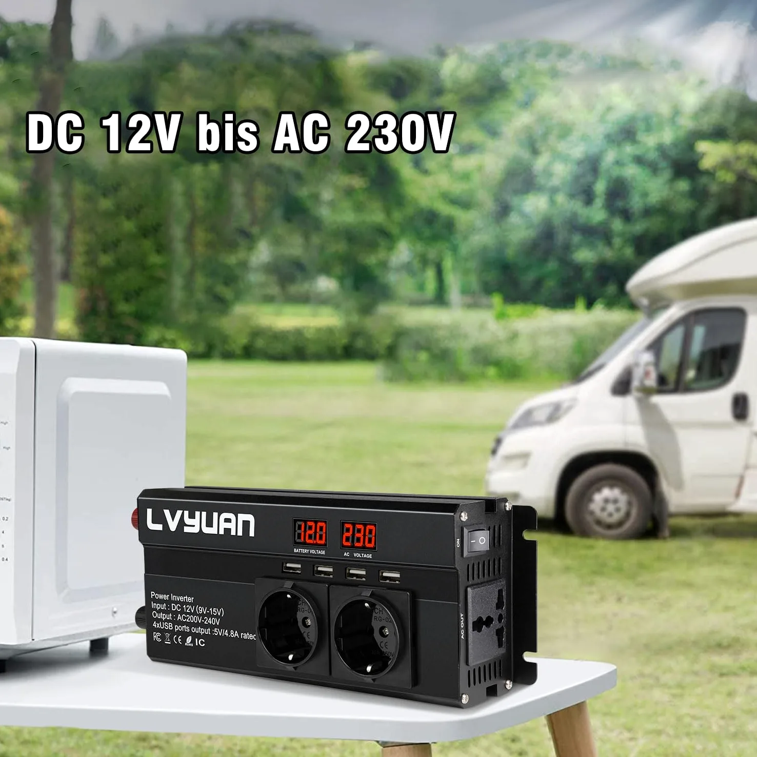 LVYUAN Wechselrichter 12V 230V 2000W Spannungswandler mit 3 Steckdose und 4 USB LED Spannungsanzeige Inverter
