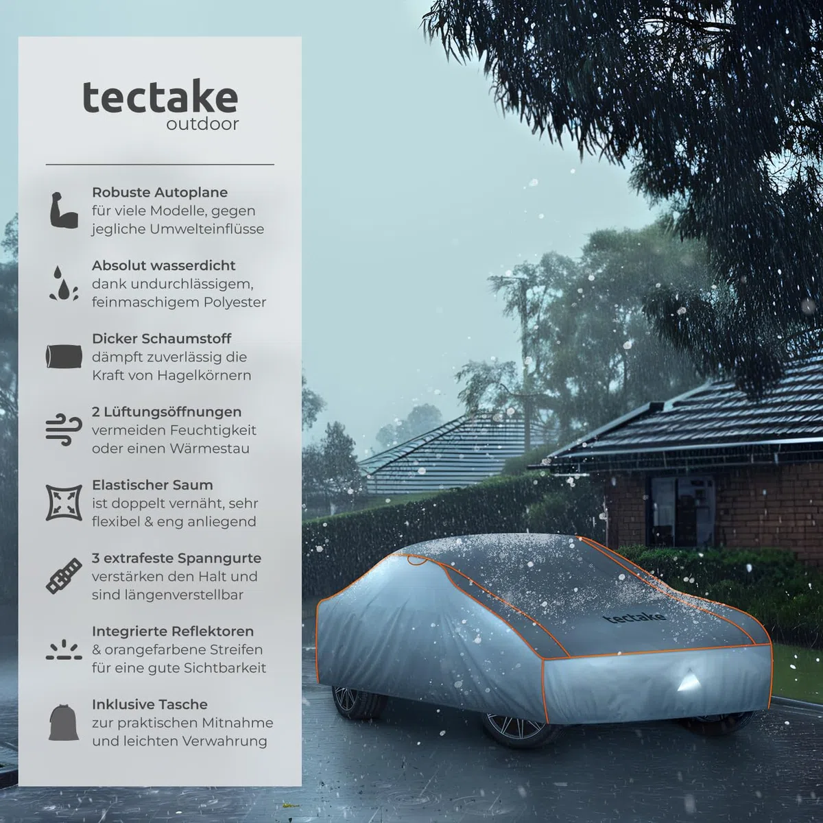 tectake® Auto Abdeckplane, Hagelschutz Autoplane, Autoabdeckung, wasserdichte Decke, atmungsaktiv, elastische Autogarage, Auto Zubehör mit Aufbewahrungstasche, kompatibel mit vielen Modellen - Größe L