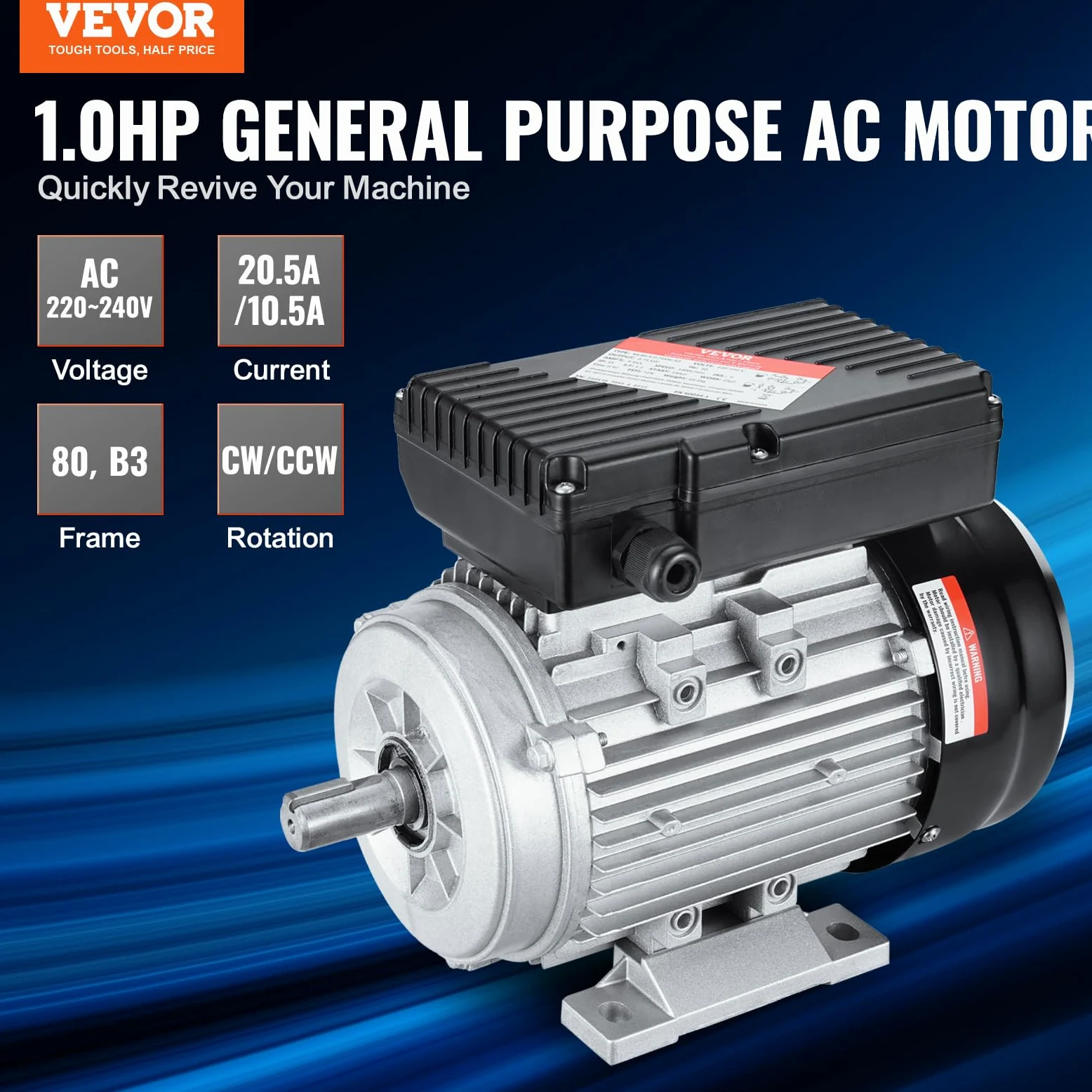 VEVOR 0,75 kW Elektromotor 1400 U/min, AC 220~240 V 5,45 A, 80, B3-Rahmen, Luftkompressormotor 1-phasig, 19 mm Keilwelle, Rechts-/Linkslauf für landwirtschaftliche Maschinen und allgemeine Geräte