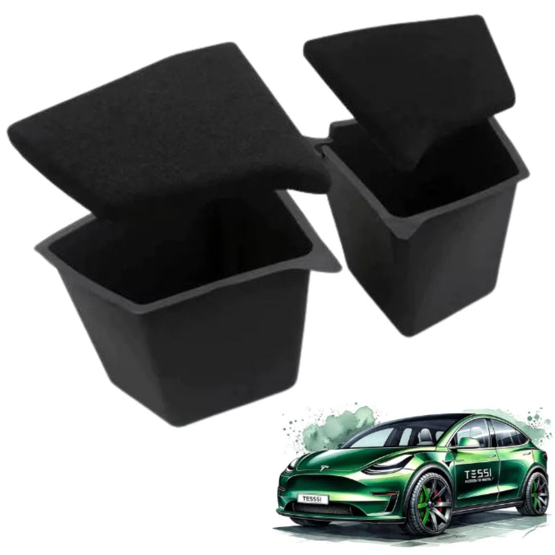 TESSI Trunk Seiten Organizer passend für das Tesla Model Y (Giga Berlin) - Mehr Stauraum - Ideal für Camping & für kleine Gegenstände - Für Model Y entwickelt - 2 Deckel zum schließen der Fächer
