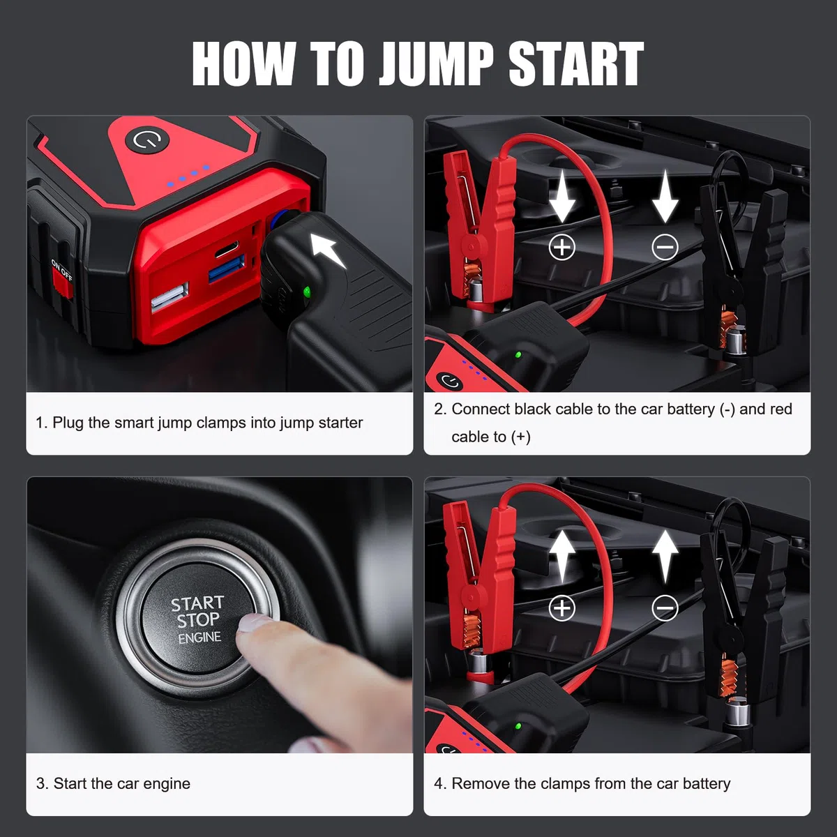Povasee Starthilfe Powerbank, 5000A Auto Starthilfe für 12V Fahrzeuge (Bis zu 10L Benzin/8L Diesel), Starter Powerbank mit LED, 2 Schnelllade USB Ausgänge, Batterie Jump Starter mit Starthilfekabel