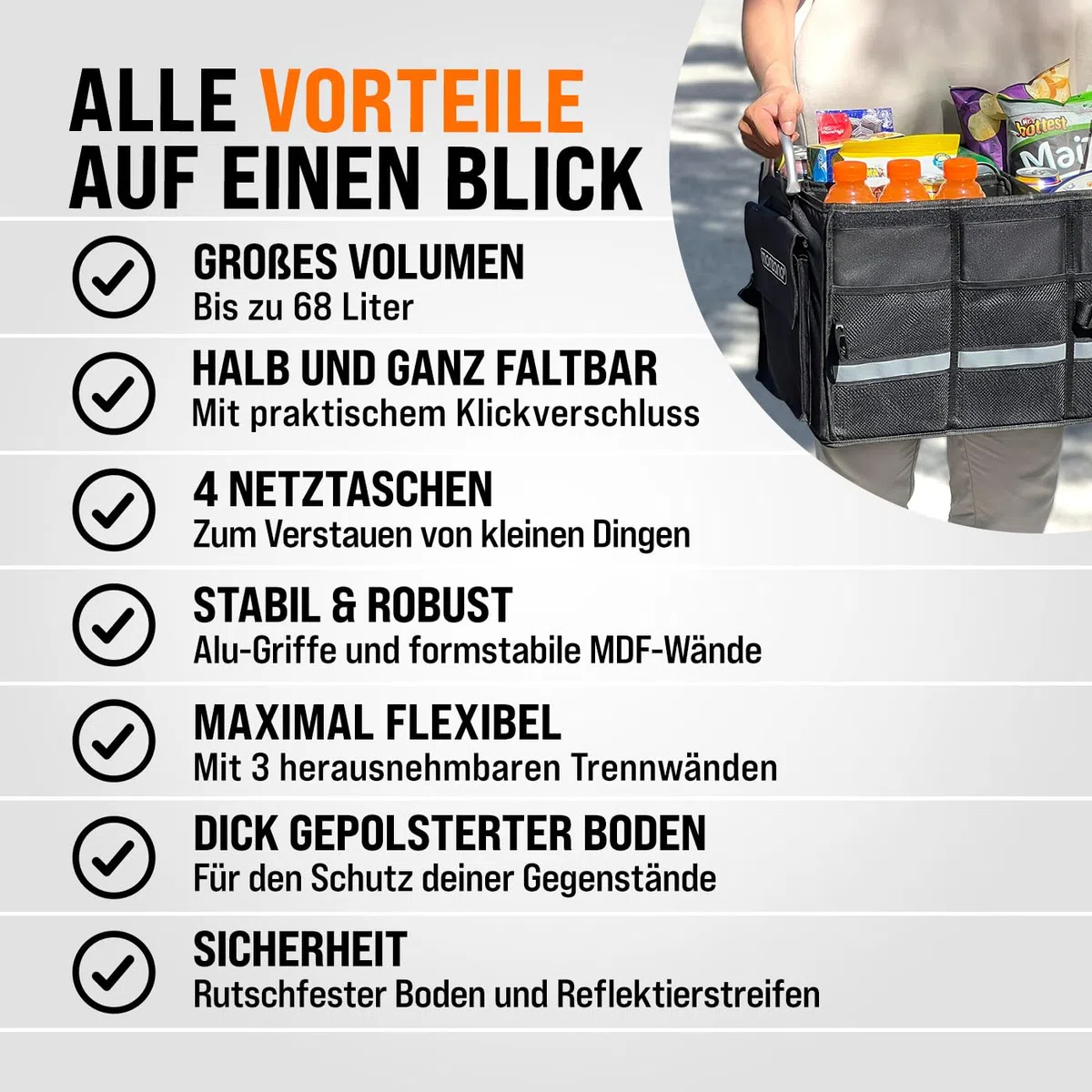 Monzana Kofferraum Organizer Deckel 68L Isolierung Alu-Griffe Trennwände Wasserdicht Faltbar MDF Wände Rutschfest Kofferraumtasche Kühltasche Faltbox