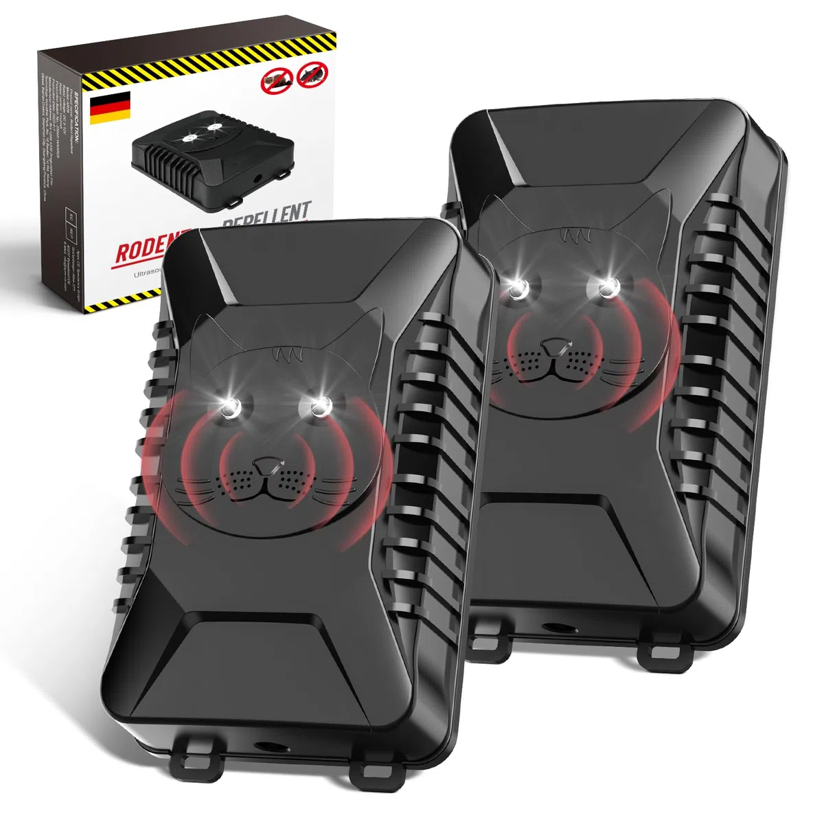 Marderschreck Auto, 2 Stück Ultraschall Marderabwehr Unterstützt USB-Laden und 4 AA-Batterien, Marderschutz mit Blitzlicht, Anschluss an 12V Autobatterie, für KFZ, Motorraum, Dachboden, Haus, Garten