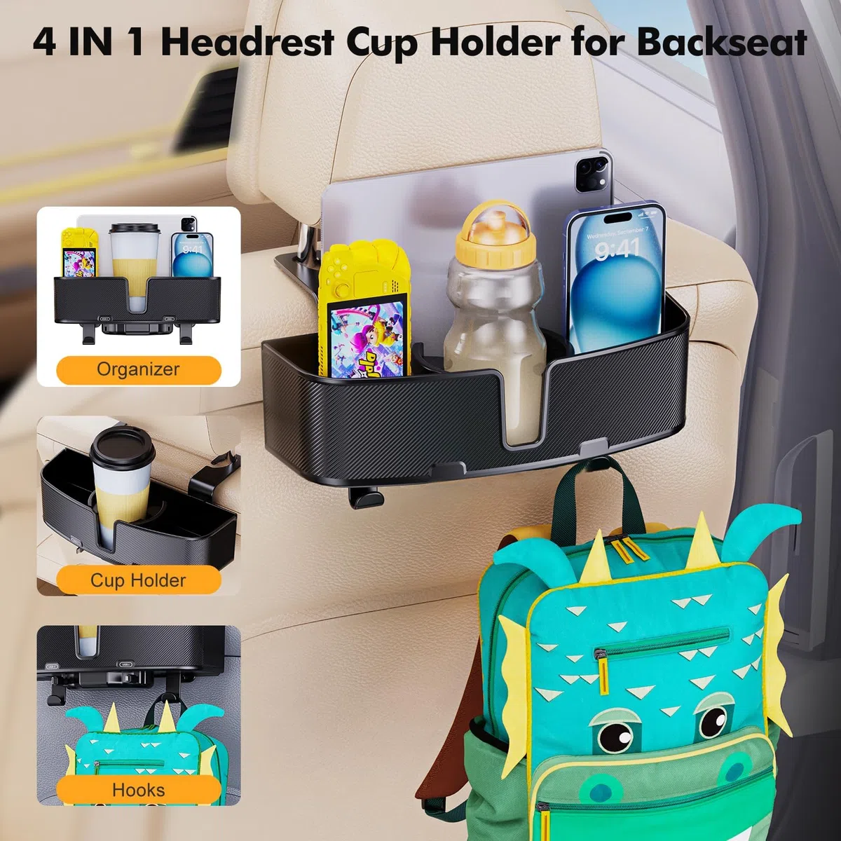 MAGJIEYX Auto Rücksitz Organizer, Multifunktionale Kopfstütze Becherhalter mit starken Haken für Kinder, Passagiere auf der Rücksitzbank, Reise Zubehör 2 Pack