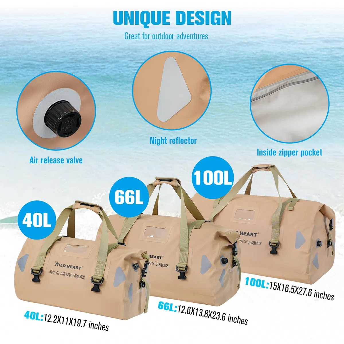 WILD HEART wasserdichte Reisetasche PVC500D Doppelboden mit Seil und Innentasche 40L 66L 100L Für Kajak,Camping,Bootfahren,Motorrad