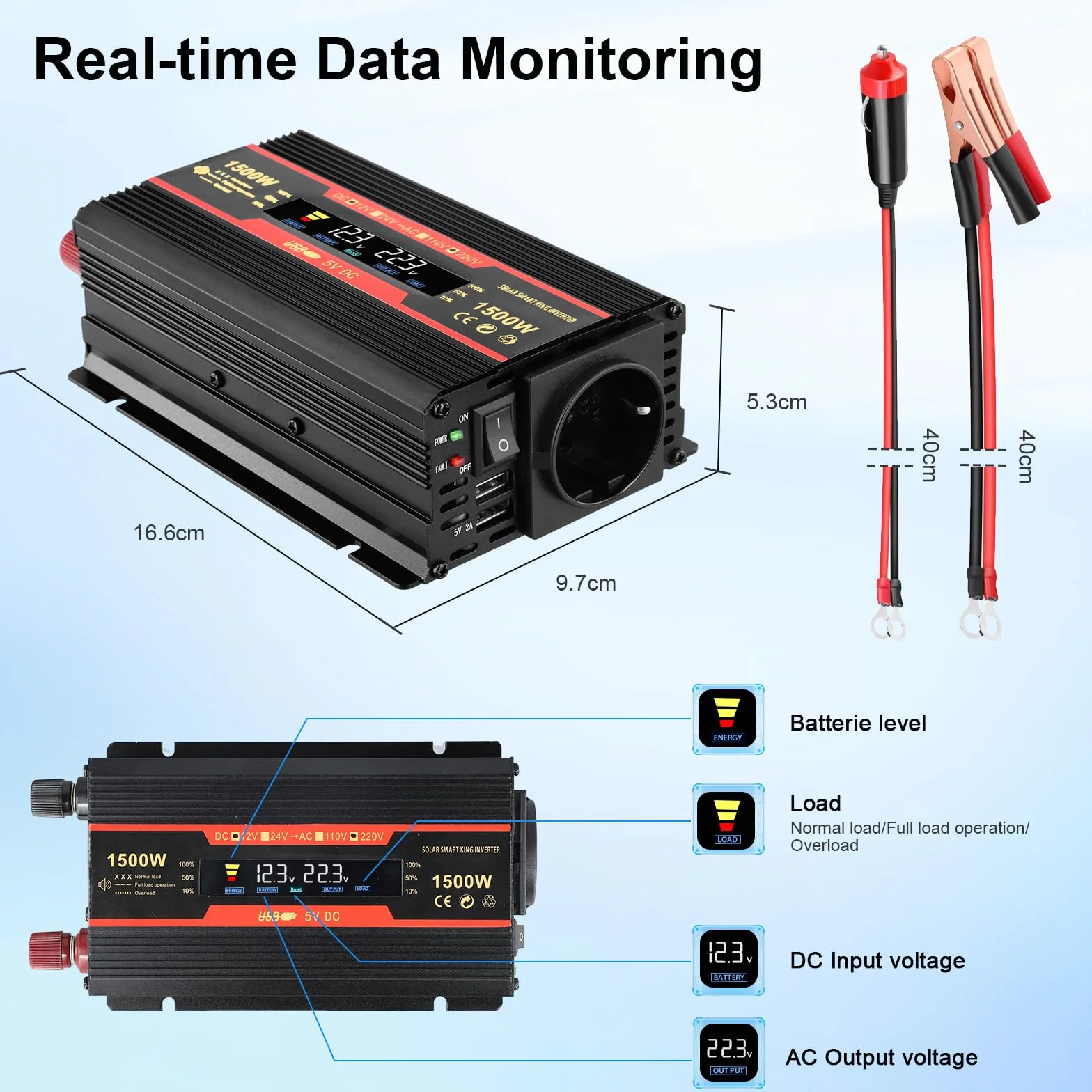 Spannungswandler 12v 230v,wechselrichter 1500w,mit Alligatorclip Zigarettenanzünder Stecker,1 Ac Steckdose & 2 Usb Port,power Inverter Für Auto