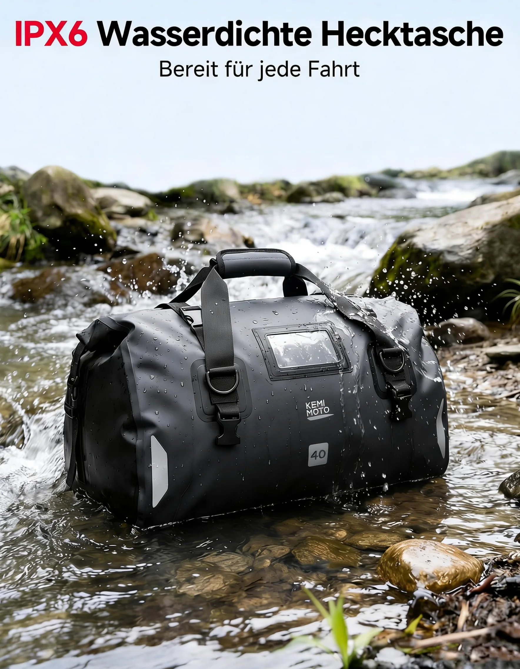 KEMIMOTO Motorrad Hecktasche 40L, IPX6 wasserdichte Motorradtasche Gepäckrolle mit Schnellverschlussgurten, Große Kapazität & Mehrere Fächer, Ideal für Touring, Camping, Motorradfahren, Wassersport
