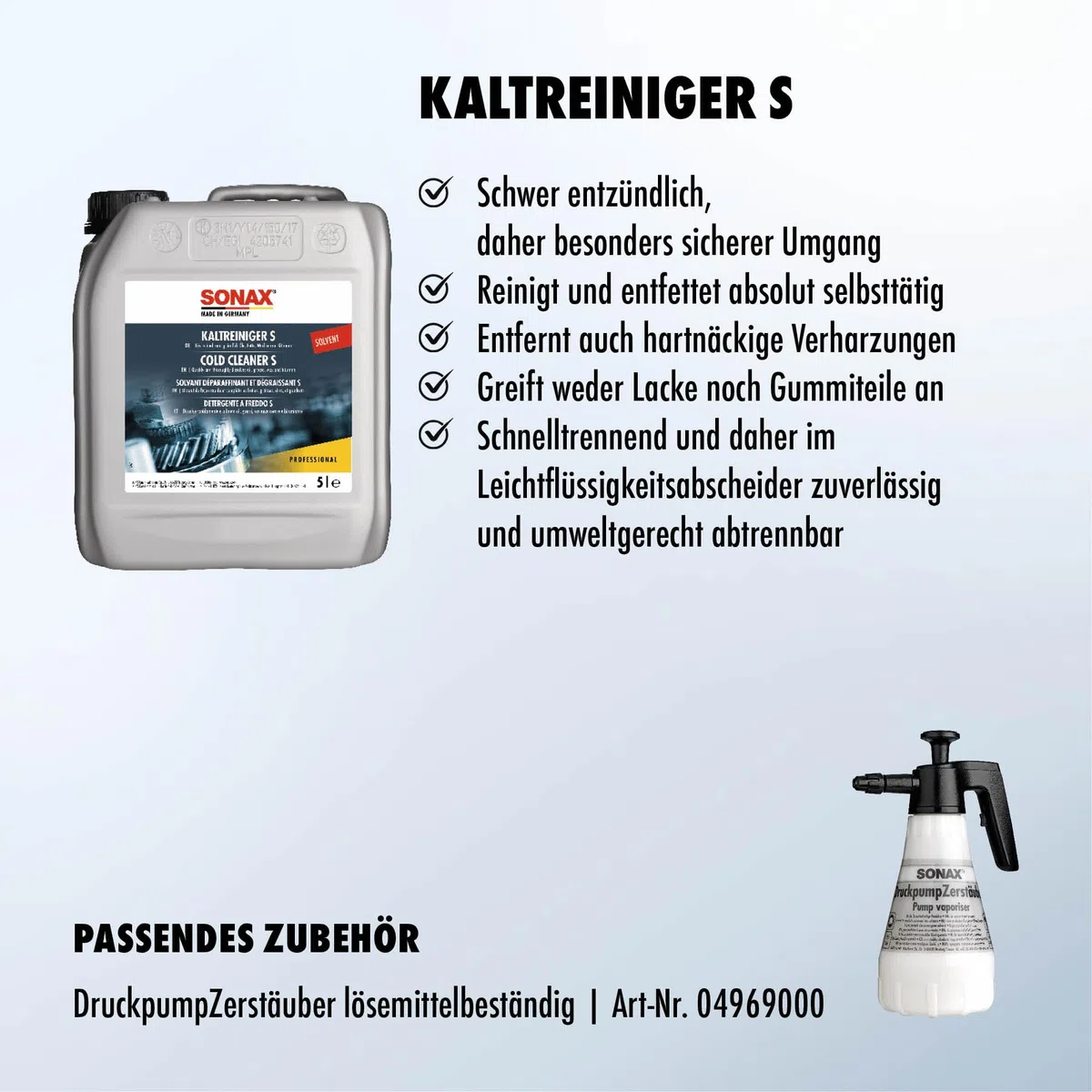 SONAX KaltReiniger S (5 Liter) auf Lösemittelbasis zur Reinigung von öl- und fettverschmutzten Teilen Aggregaten und Werkzeugen | Art-Nr. 05425000