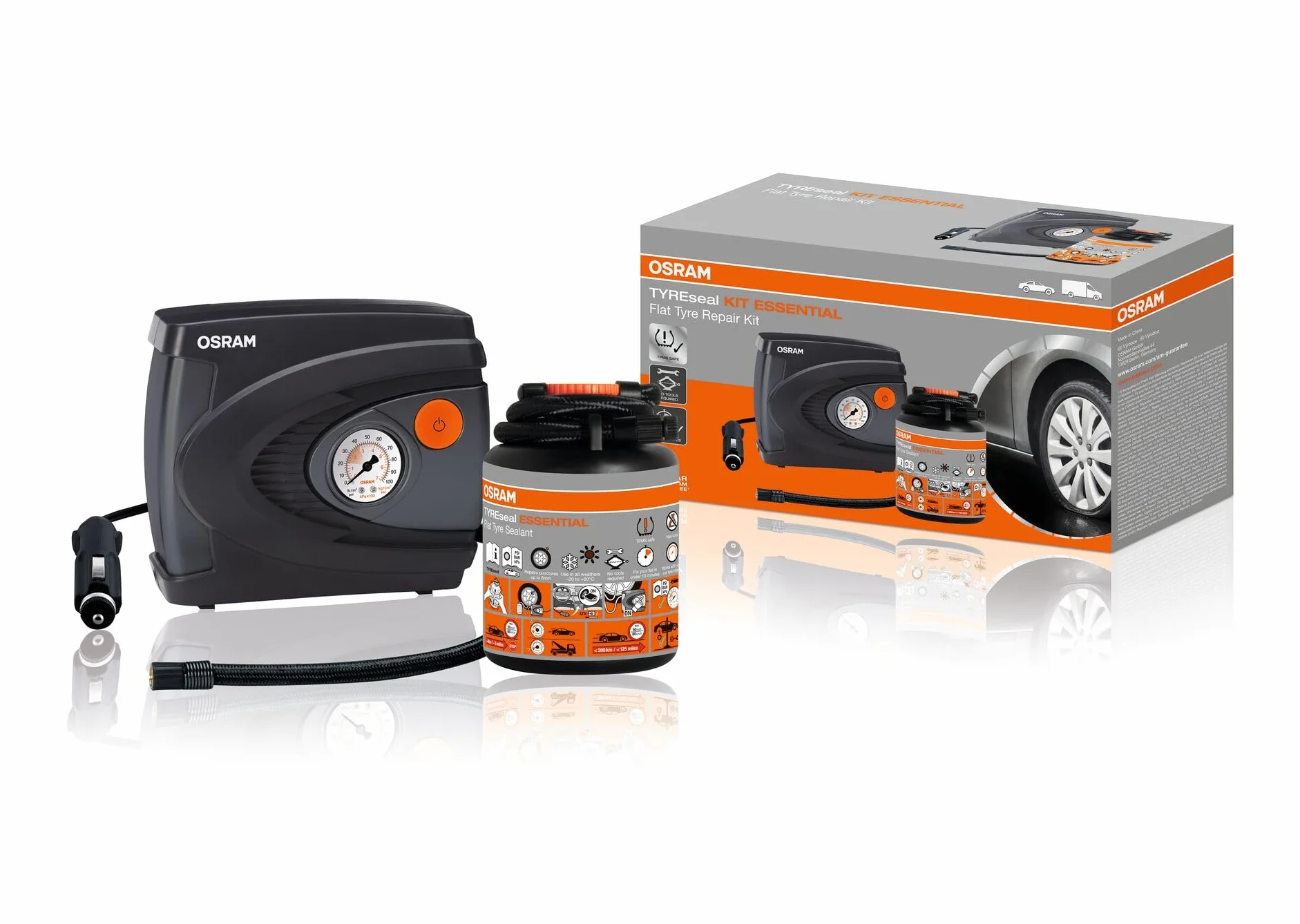 Osram TYREseal KIT Essential, 450 ml Reifendichtmittel und analoger Premium-Reifenfüller, RDKS geeigne, inklusive Aufbewahrungsbox