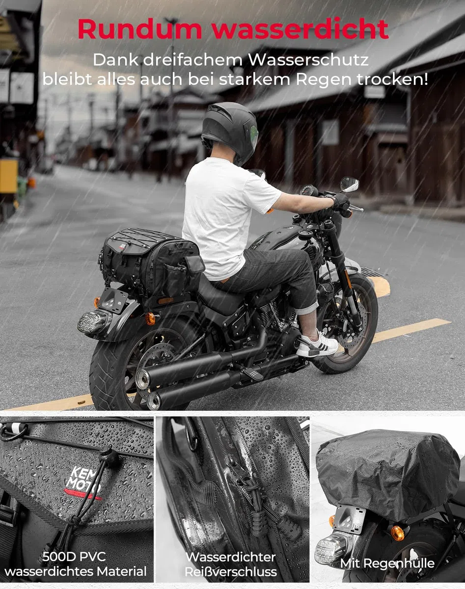 KEMIMOTO Motorrad Hecktasche 24-32L wasserdicht erweiterbare Satteltasche Gepäckträgertasche mit Regenhülle schwarz