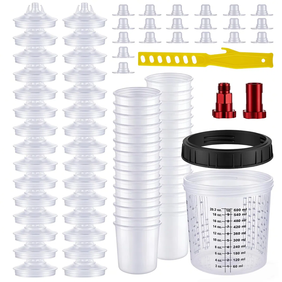 50x 600ml Einweg-Becher für Farbsprühpistole, Farbmischbecher mit 125μm Filterdeckel & 2 Adaptern, 20 Verschlussstopfen, 1 Hartbecher, Rührstab – für Lackierbedarf, Grundierung, Klarlack