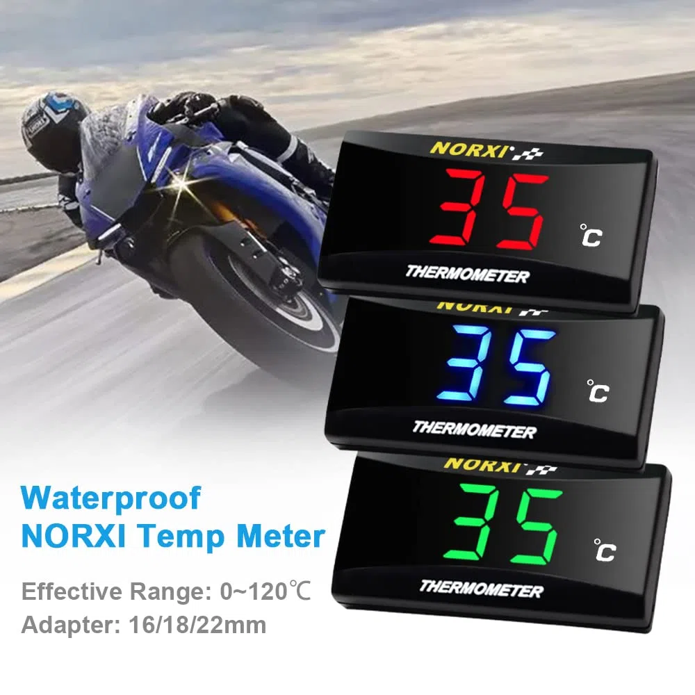 Digitales Motorrad-Thermometer, Universal Motorrad Wassertemperaturmesser mit Sensoren, wasserdichtes Motorrad Thermometer mit Hochtemperaturalarm (18mm, Grün)