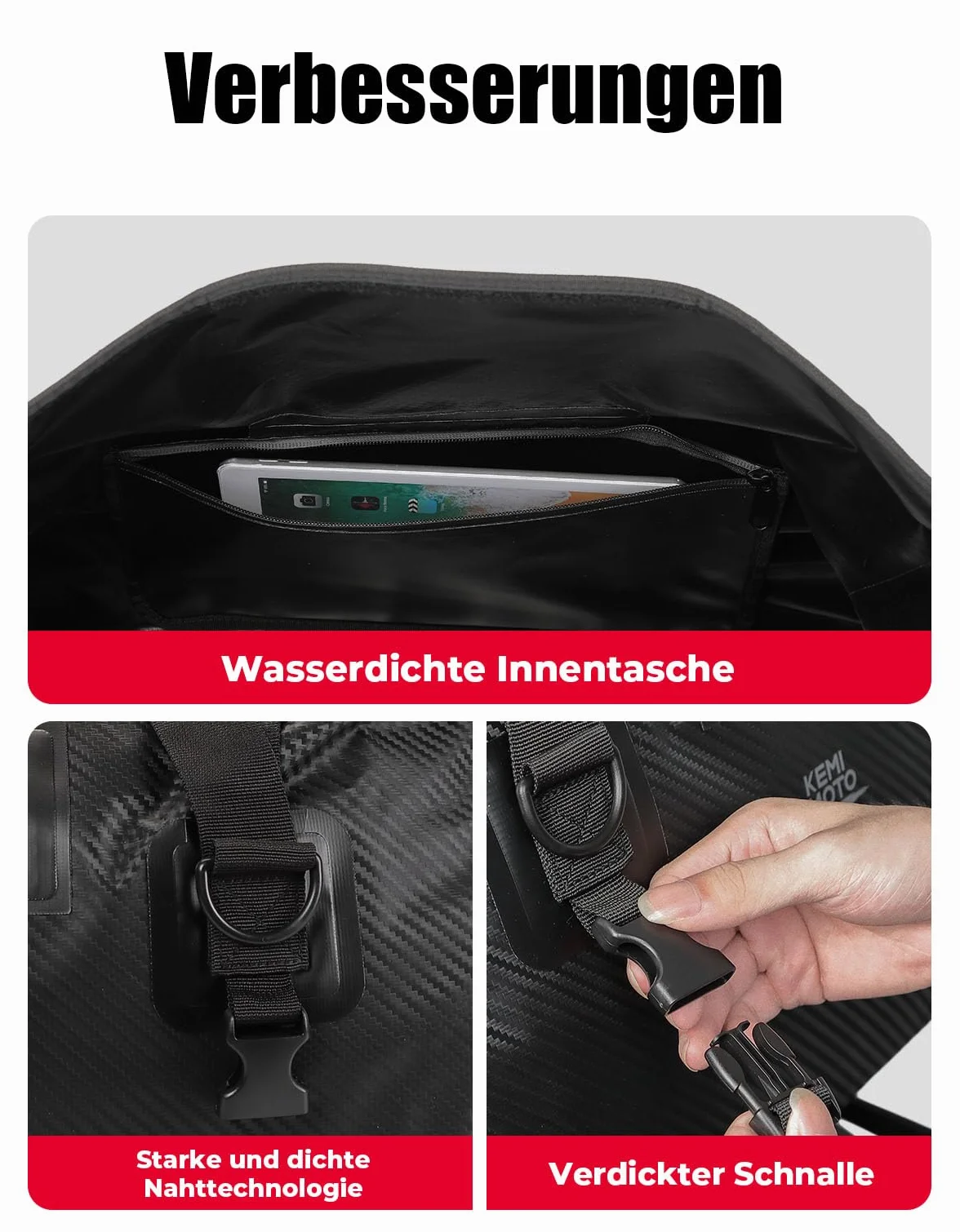KEMIMOTO Motorrad Hecktasche 40L IPX6 wasserdichte Gepäckrolle mit Schnellverschlussgurten