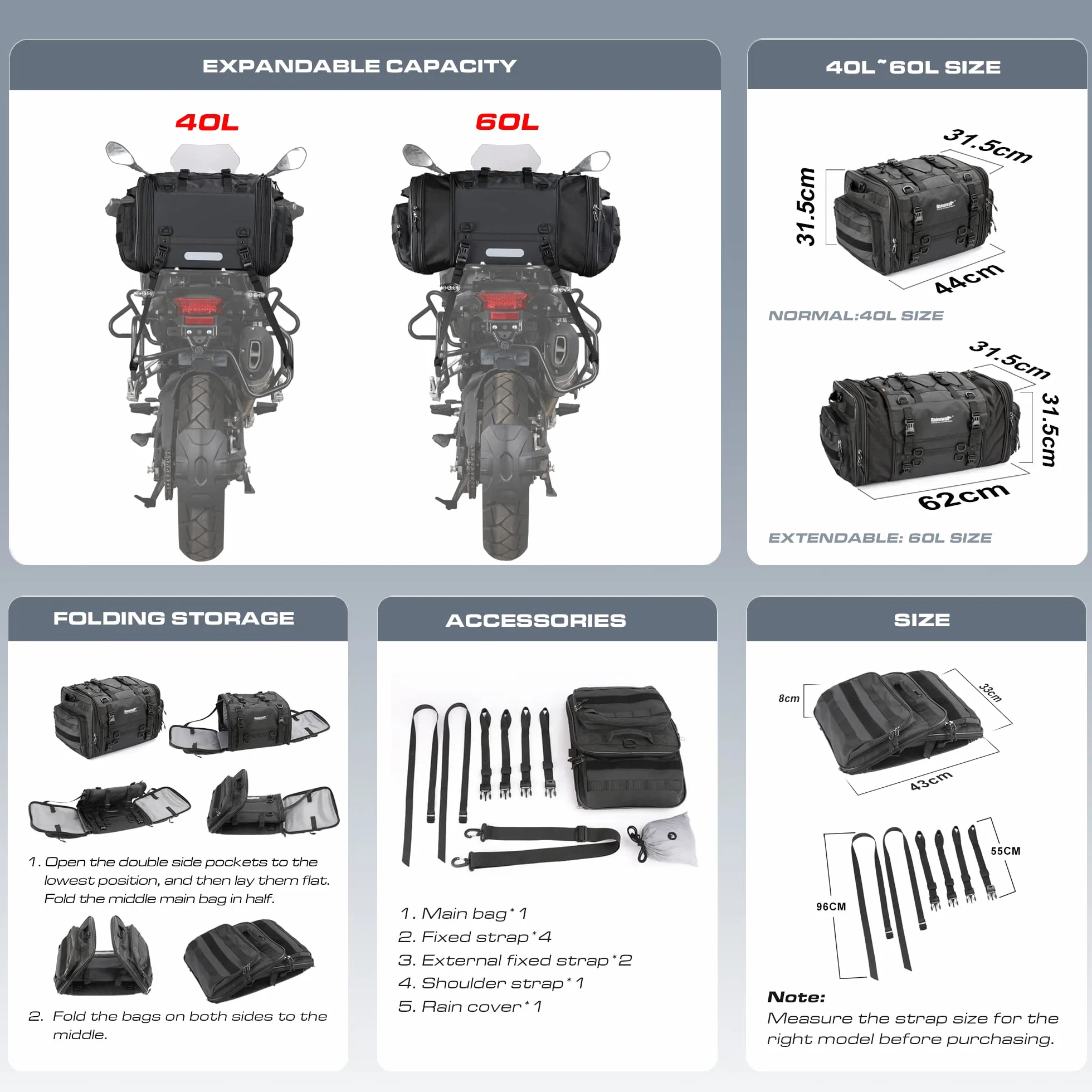 BAIGIO Hecktasche Motorrad Gepäckrolle 40-60L Erweiterbar Motorrad Tasche Heck Wasserdicht Multifunktional Motorradtasche Gepäcktasche Sitztasche Reisetasche Rücksitztasche Gepäckträgertasche hinten