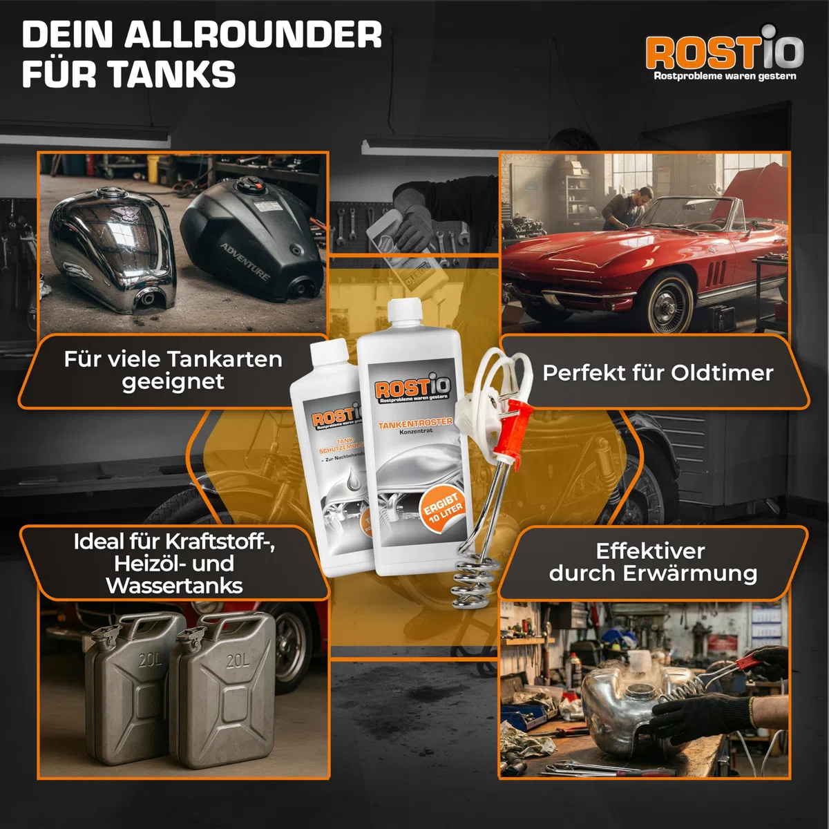 Rostio Tankentroster-Set 1L – inkl. Tank-Schutzemulsion 500 ml + Tauchsieder – hochergiebig (1 : 10) – für Tanks bis 10L – Rostentferner & Korrosionsschutz – Entrostung auch bei starkem Rost
