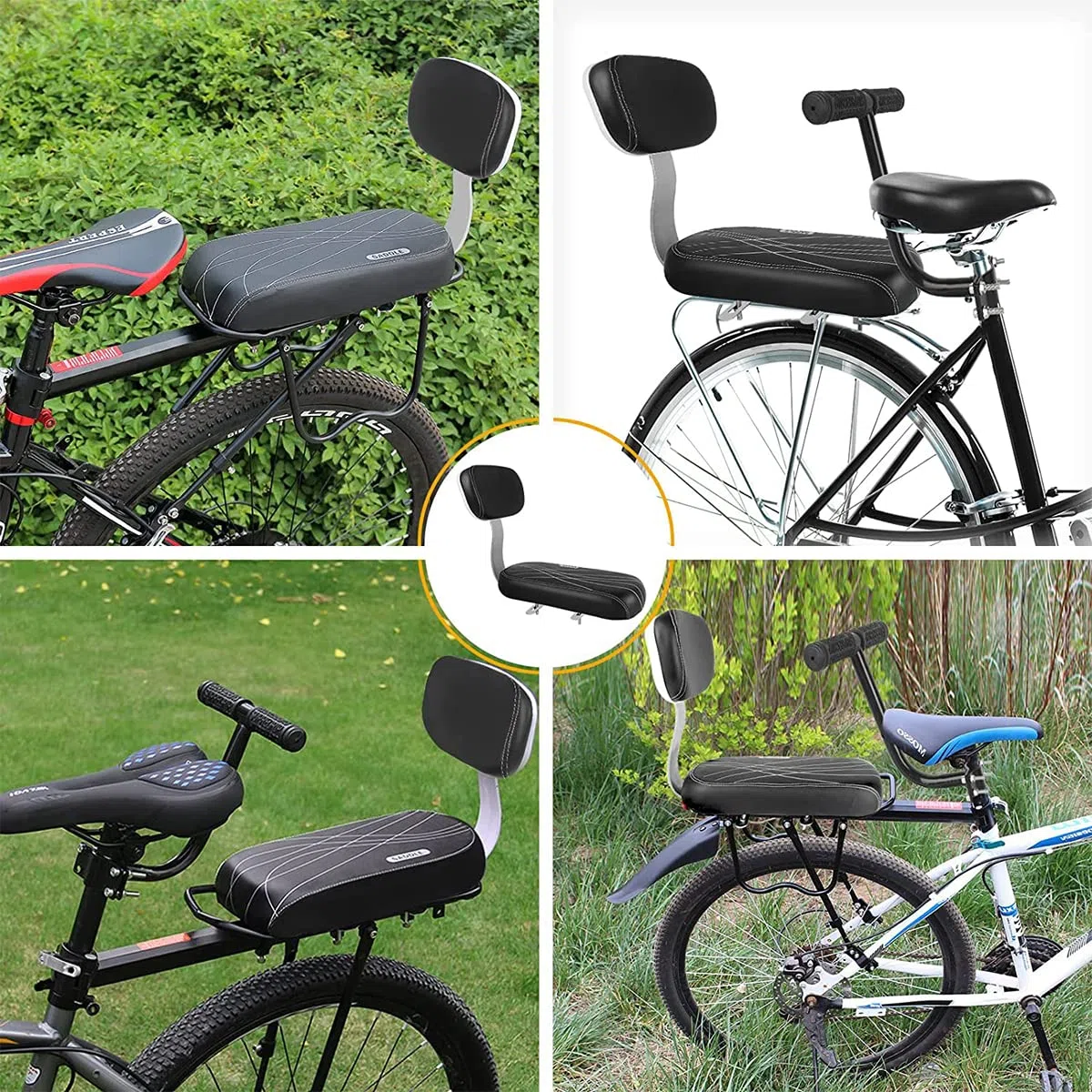 Fahrradrücksitz, Polstersattel mit Rückenlehne, für Kleinkinder, Kinder, Freunde, Lederbezug, für Befestigung am Gepäckträger