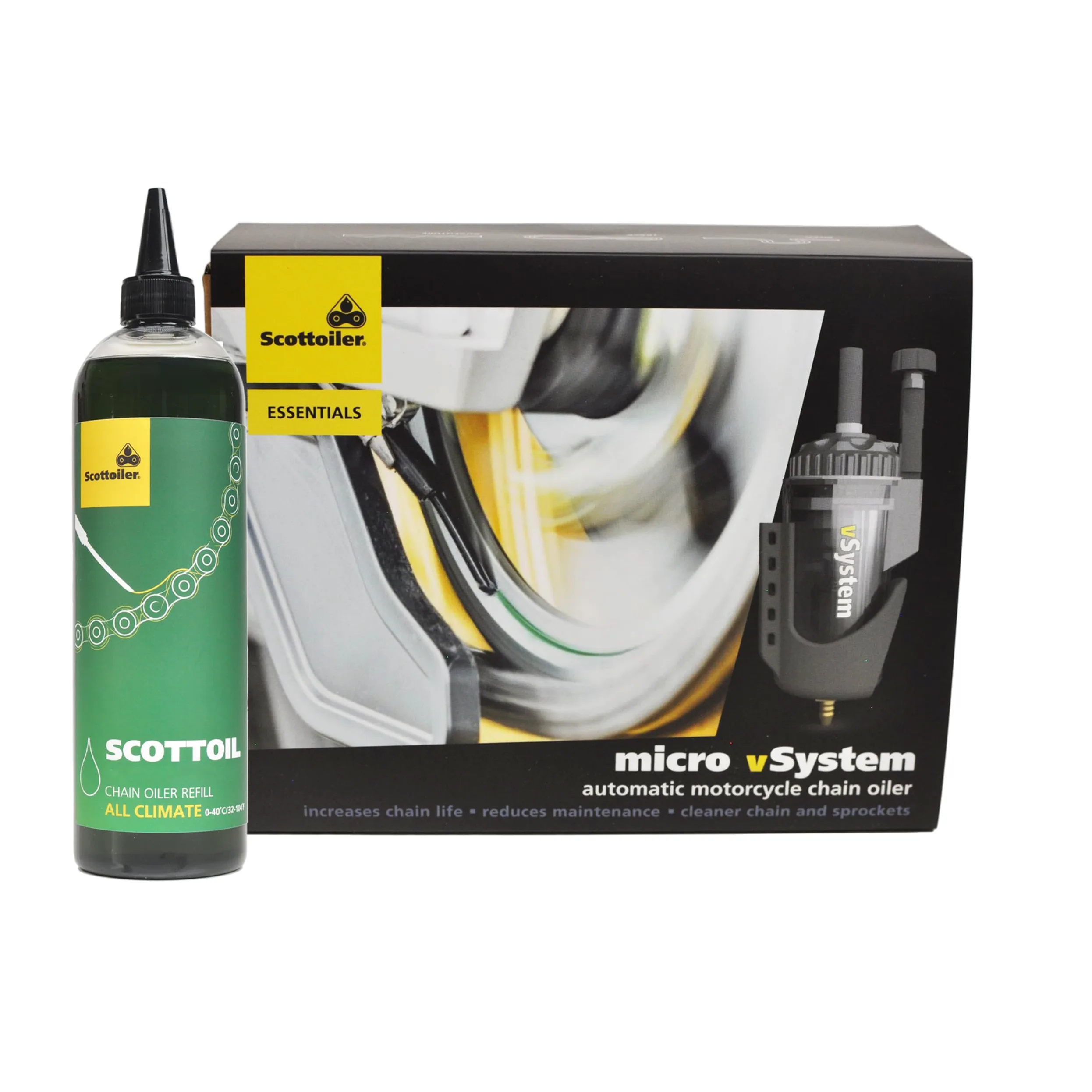 Scottoiler Essentials - Micro-vSystem - Automatischer Motorrad-Kettenöler und 500ml All Climate biologisch abbaubares Grünes Scottoil Nachfüllpackung - Starter Kit Bundle…