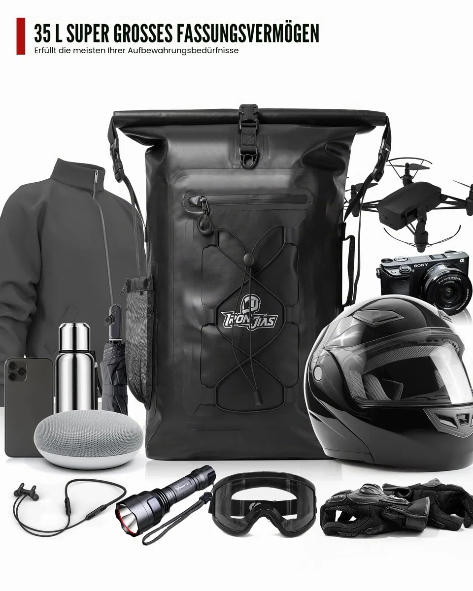 Grapelet Motorrad Rucksack，Wasserdicht Motorrad Rucksack 40L，Motorradrucksäcke für Herren，Rolltop Rucksack mit abnehmbaren Schultergurten PVC500D schwarz Dry Bag mit Seitentasche