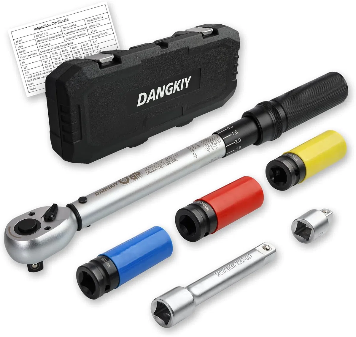 Drehmomentschlüssel Auto, 40–210 N.m Drehmomentschlüssel 1/2 Zoll, 6-tlg. Torque Wrench mit 125 mm Verlängerung, 1/2"-3/8" Adapter & 3 Stecknüssen – Für Reifenwechsel & Motorrad