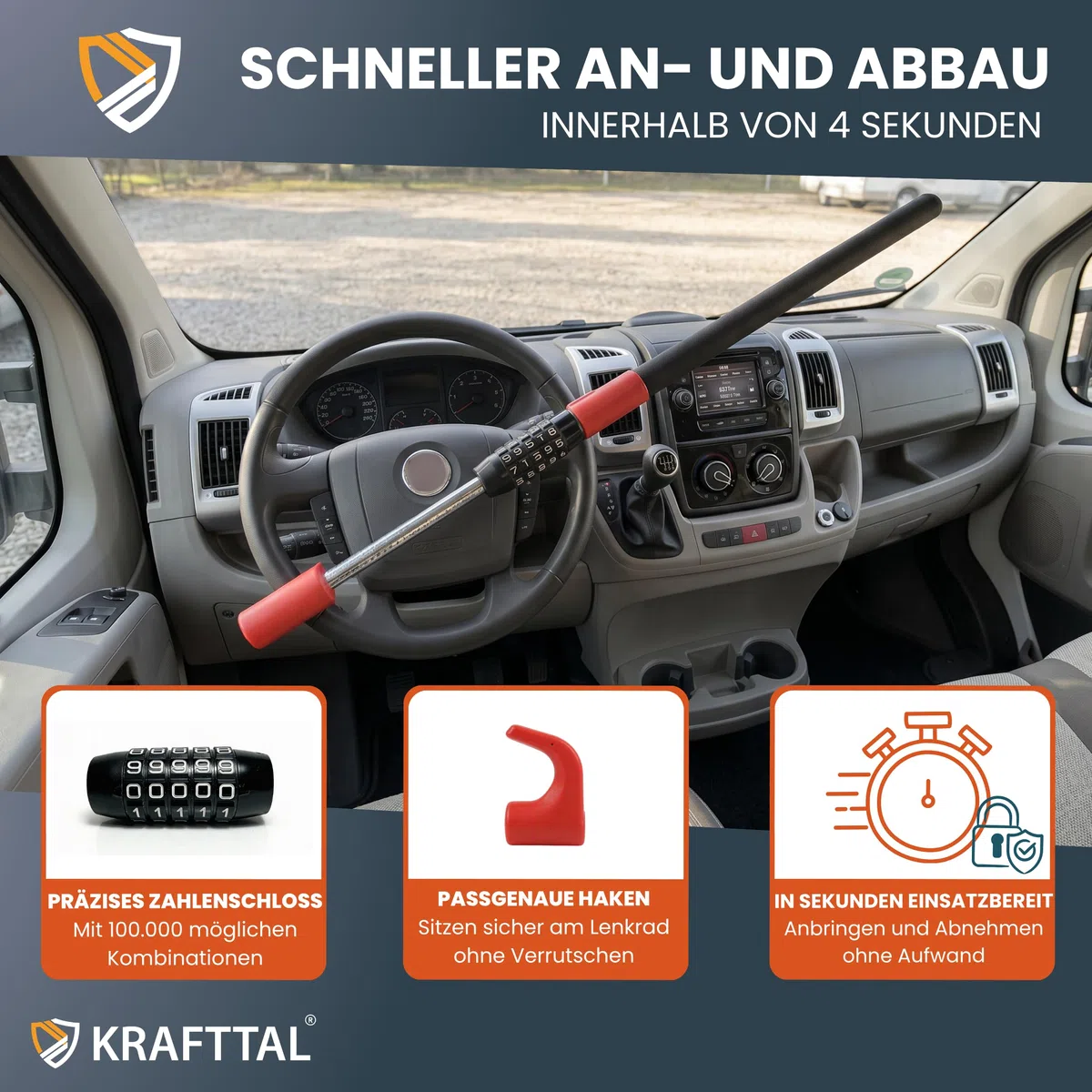 Lenkradkralle | Premium Lenkradschloss für Auto | geeignet für Auto, Wohnmobil & LKW | hochwertige Lenkradkralle für Auto | Wegfahrsperre Auto mit Zahlenschloss