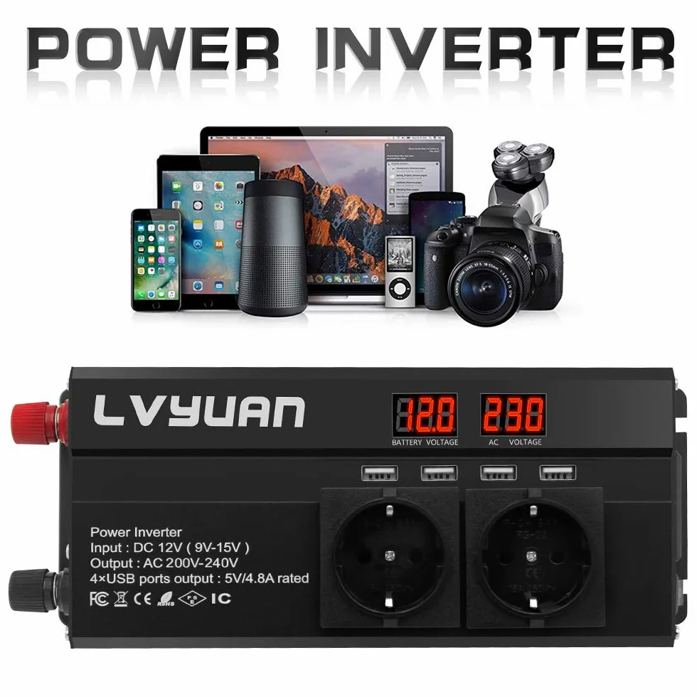 LVYUAN Wechselrichter 12V 230V 2000W Spannungswandler mit 3 Steckdose und 4 USB LED Spannungsanzeige Inverter
