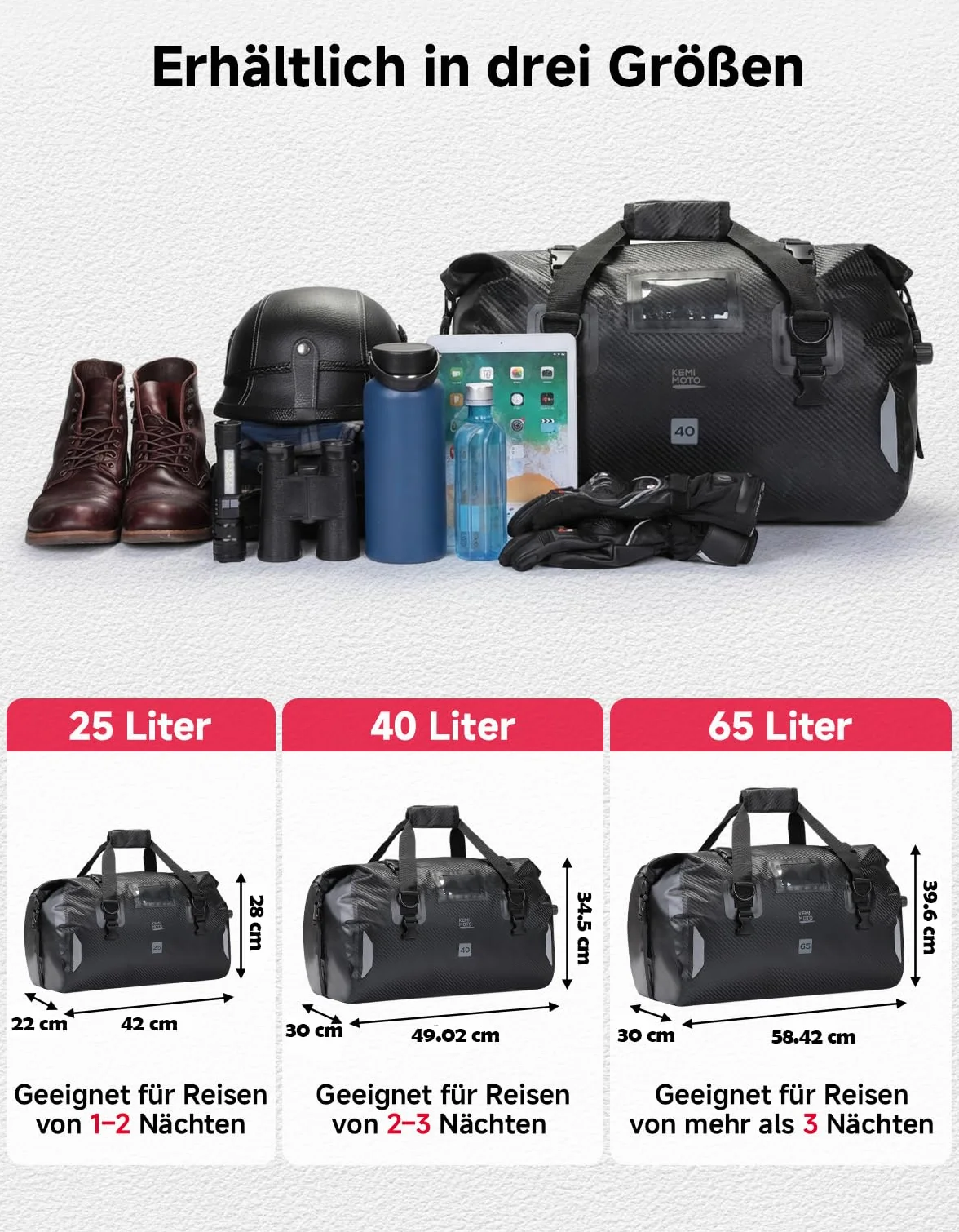 KEMIMOTO Motorrad Hecktasche 40L IPX6 wasserdichte Gepäckrolle mit Schnellverschlussgurten