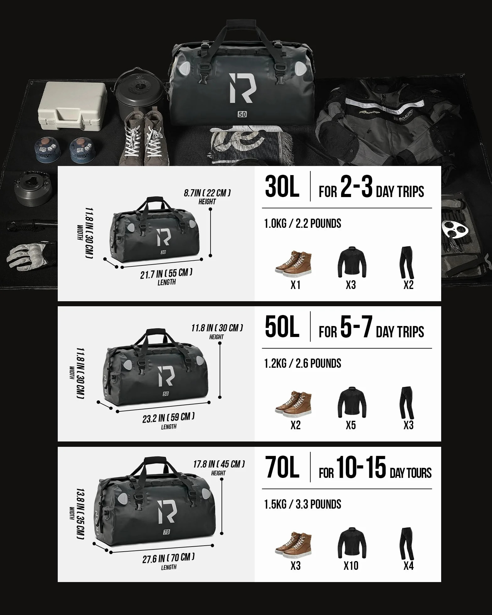 IRON JIA'S Motorradtasche Gepäckrolle wasserdichte Hecktasche Satteltasche Reisetasche 50L Schwarz