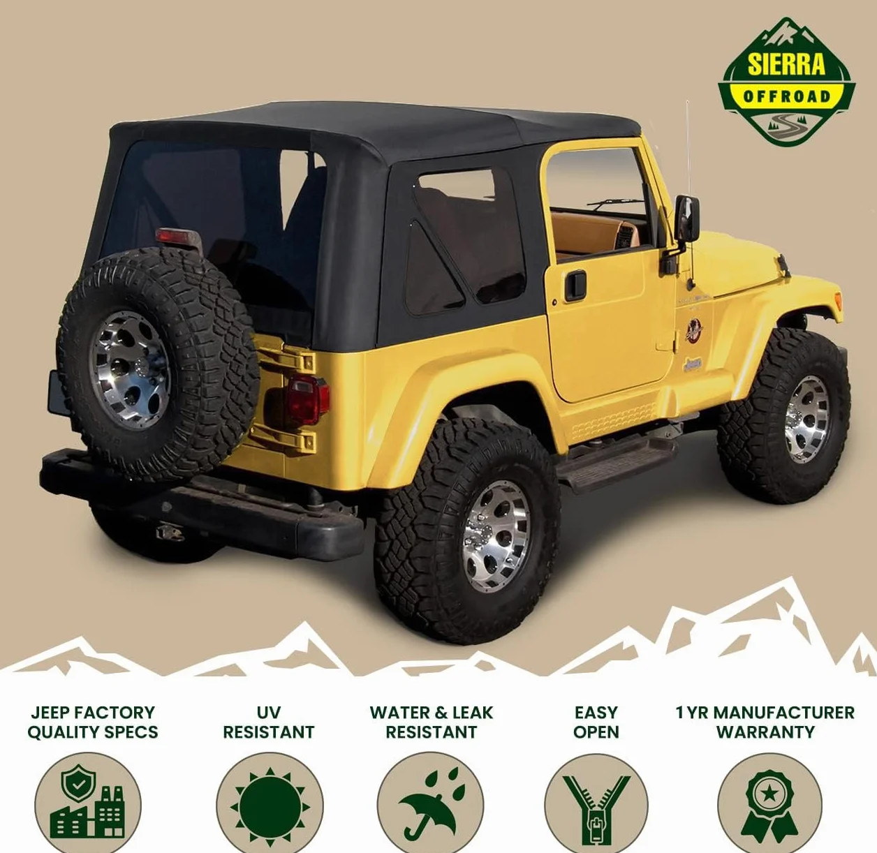 Sierra Offroad Factory Style Soft Top mit getönten Fenstern, ohne obere Türen, kompatibel mit Jeep Wrangler TJ 1997-2006 (Segeltuchschwarz)