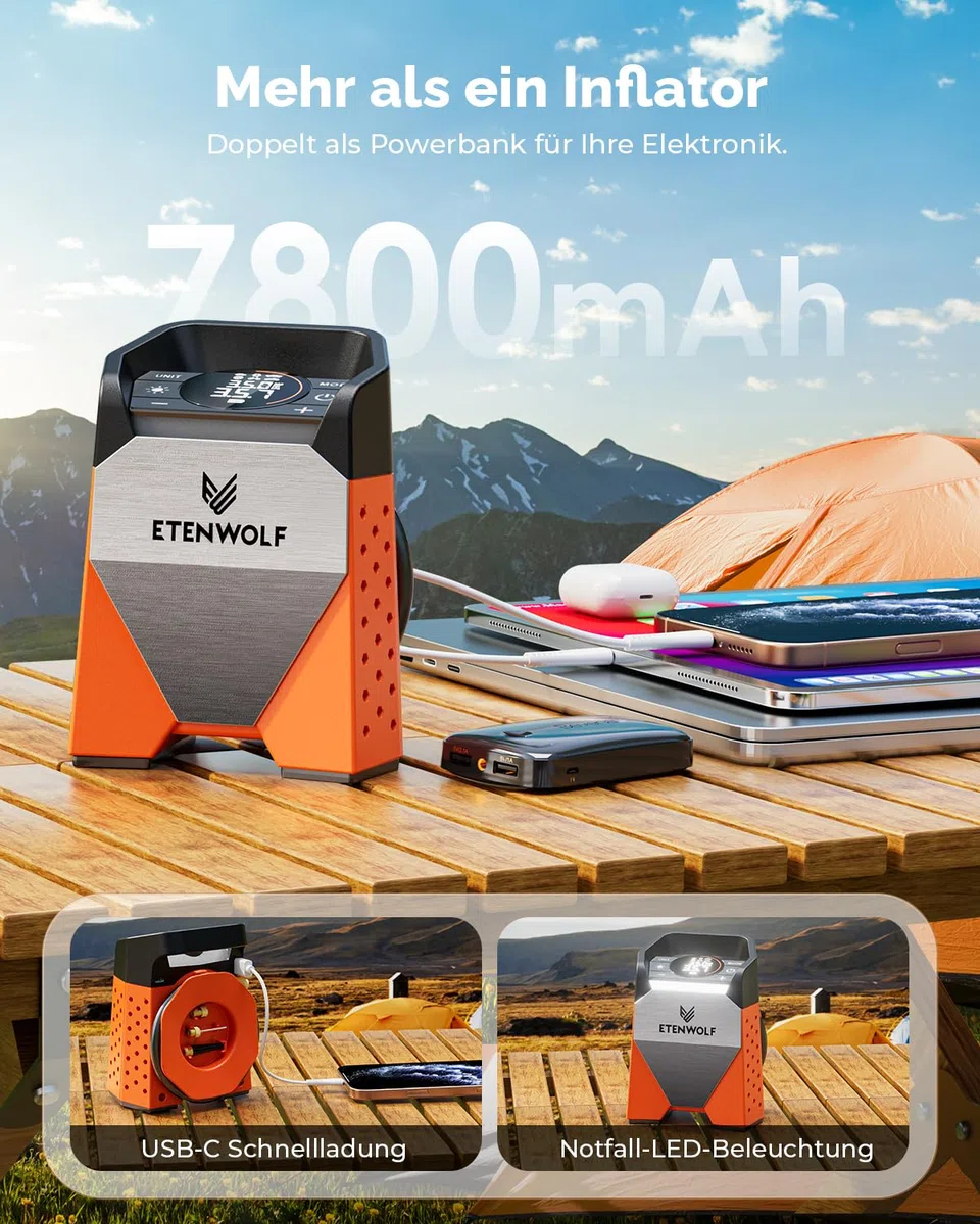 ETENWOLF ZEPHYR S3-7800mAh Elektrische Luftpumpe, 160 PSI/11.03Bar Tragbarer Luftkompressor Für Auto,Motorrad,Fahrrad,Bälle, 1 Minute Schnellbefüllung und Digitalen LED Leuchten, USB-Powerbank