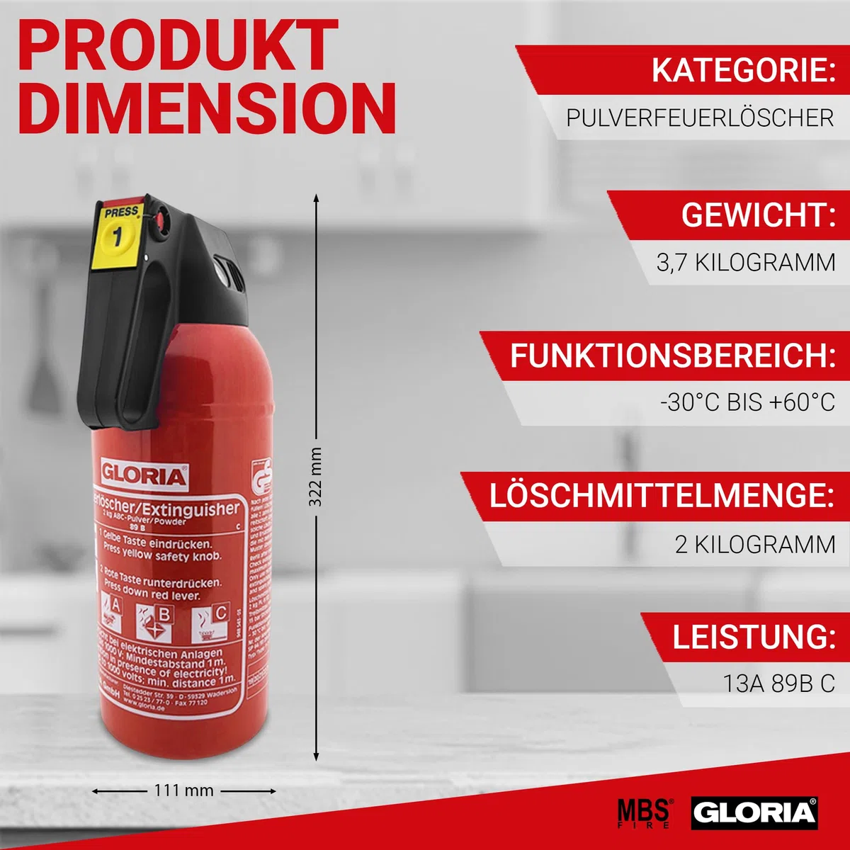 MBS FIRE 2x Gloria KFZ Auto-Pulverlöscher P2GM, 2kg Brandklasse ABC inkl. Halterung u. Plakette