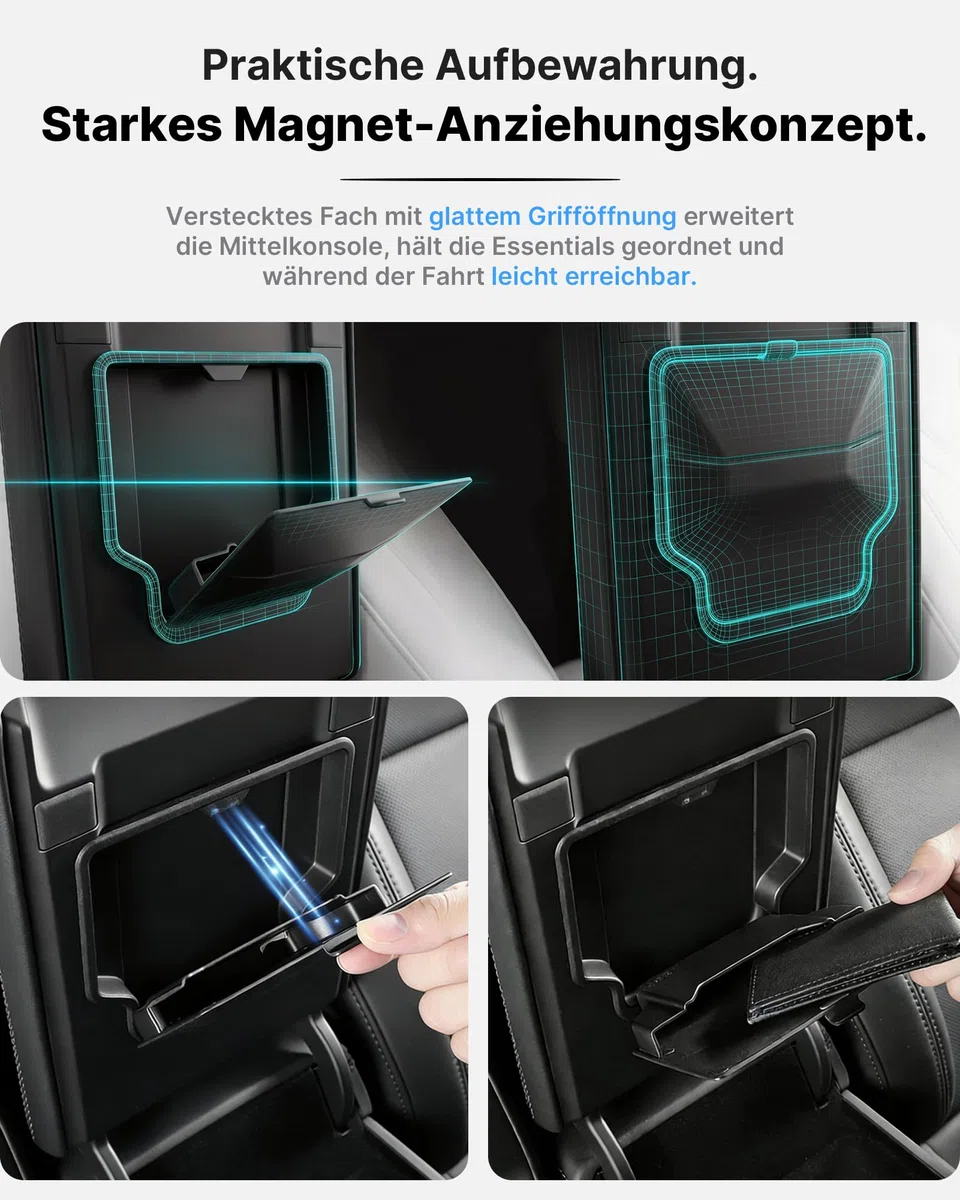 4-Teiliges Mittelkonsole Organizer für Tesla Model 3 Highland 2024-2026 & Model Y Juniper 2025-2026 (nur Premium & Performance), Aufbewahrungsbox Armlehnenablage Zubehör