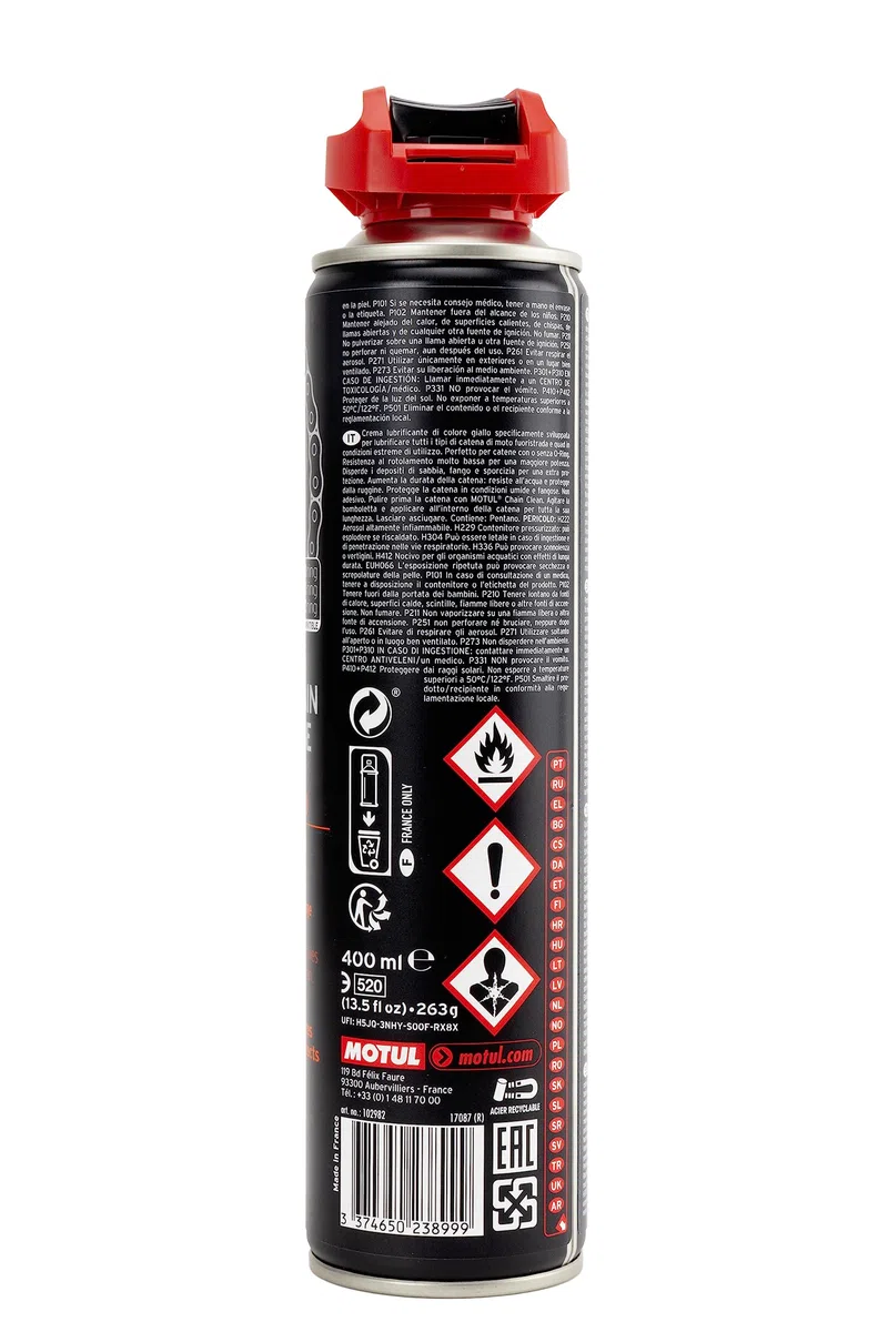 Motul Ketten-Sprühfett für Offroad- und Gelände-Motorräder, Neon-Gelb für einfache Anwendung, Geeignet für O-Ring, X-Ring, Z-Ring Ketten, Wasserfest, Rostschutz, MC Care Chain Lube Road C3, 400 ml