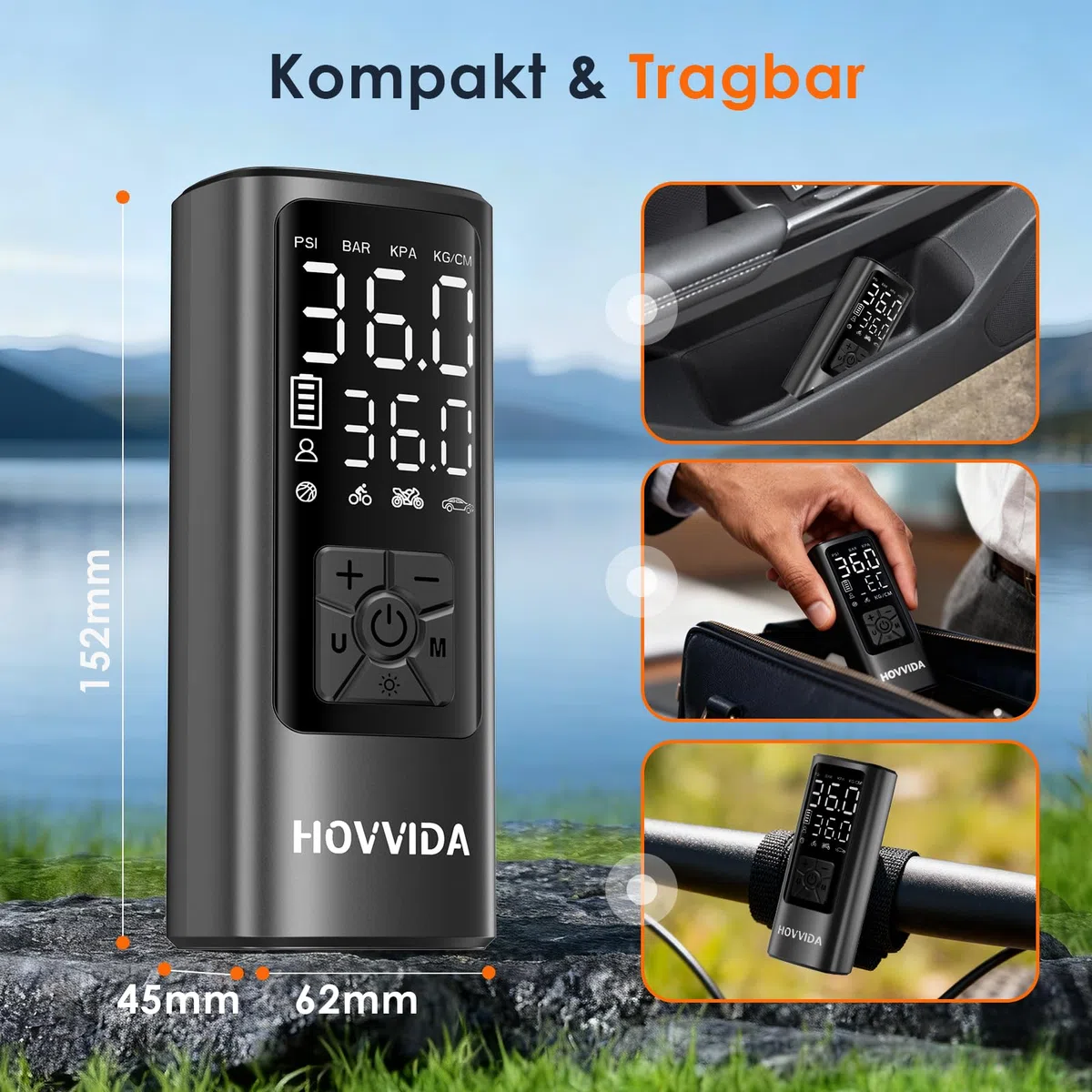 HOVVIDA Elektrische Luftpumpe, 10,3 bar Fahrradpumpe, Digitale Akku-Luftpumpe mit Druckvoreinstellung & Auto-Abschaltung, Wiederaufladbar, Luftpumpe für E-bike, Auto, Fahrrad, Motorrad, Bälle