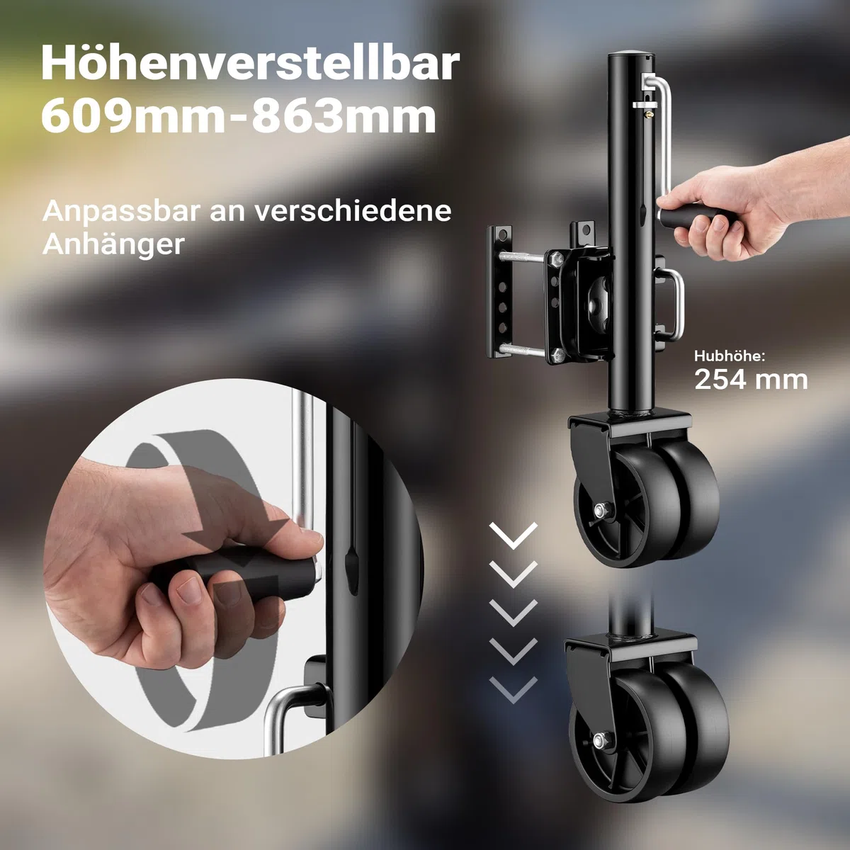 Wiltec Doppelstützrad bis 680 kg, Anhängerstütze aus Stahl, Stützlast Bugrad mit Schwenkarm, Schwerlast Abstellstütze mit Zwillingsrädern