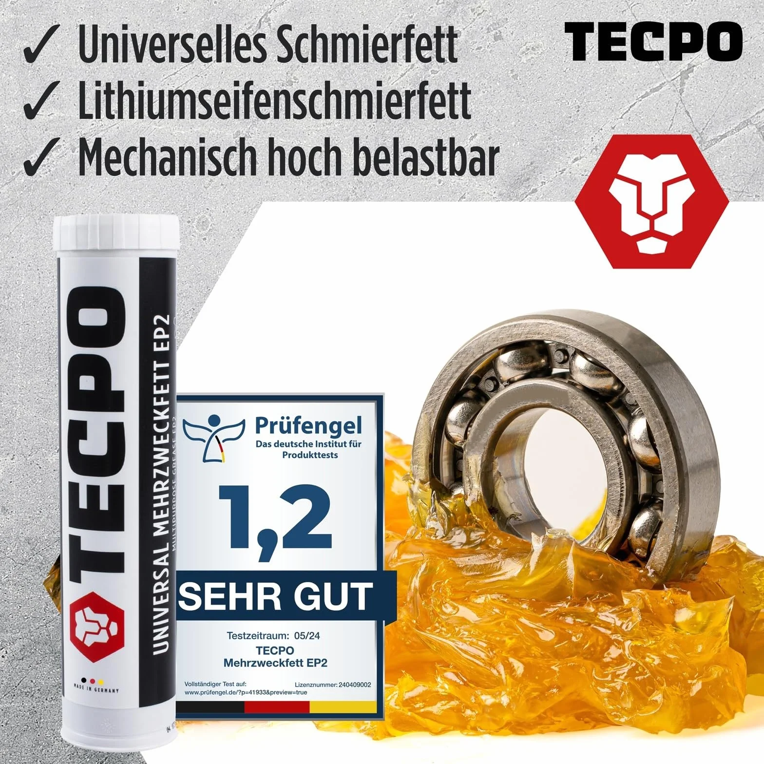 TECPO Universal Mehrzweckfett EP2 400g Kartusche Schmierfett, Lithiumfett, Universalfett, KFZ-Schmierung, wasserbeständig, KP2K-30 Lithium Fett (12x 400g)