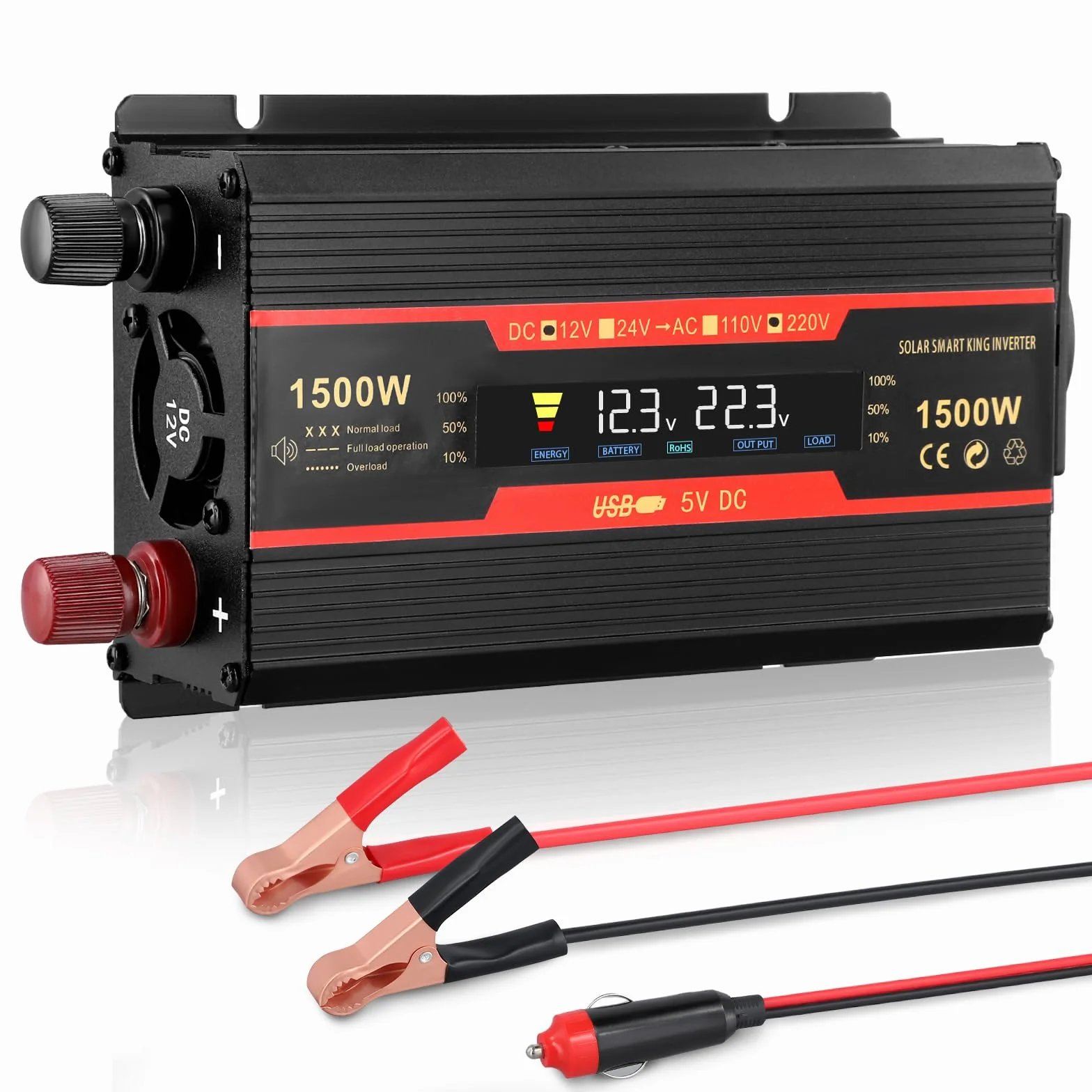 Spannungswandler 12v 230v,wechselrichter 1500w,mit Alligatorclip Zigarettenanzünder Stecker,1 Ac Steckdose & 2 Usb Port,power Inverter Für Auto