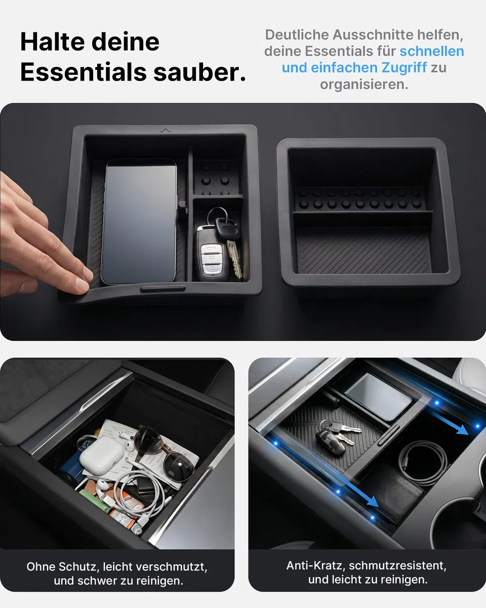 4-Teiliges Mittelkonsole Organizer für Tesla Model 3 Highland 2024-2026 & Model Y Juniper 2025-2026 (nur Premium & Performance), Aufbewahrungsbox Armlehnenablage Zubehör