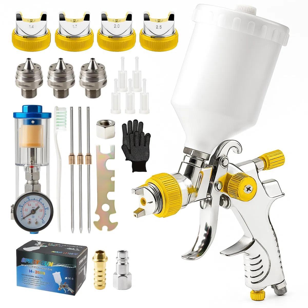 HVLP Lackierpistole Set mit 4 Düsen (1,4/1,7/2,0/2,5 mm), Druckluft Spritzpistole mit 600 ml Becher für Auto, Möbel, Holz, Heimwerker & Lackarbeiten - Grün (Gelb)