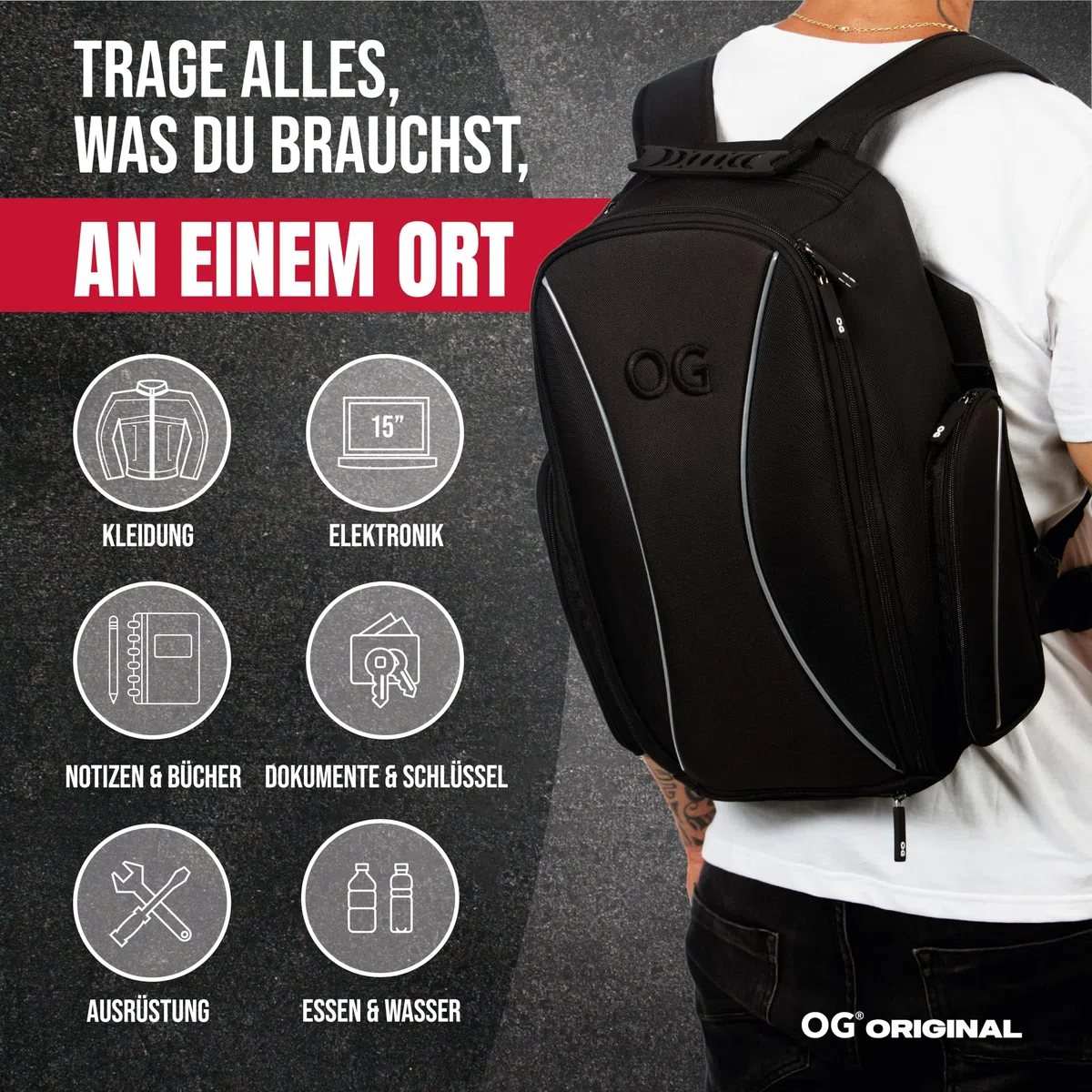 OG Original Motorrad Rucksack GO Schwarz Wasserdicht, 20L, Motorradhelm-Tasche, Helm-Trageriemen, Biking, Mann, Laptop-Fach, Reflektierend, Anti-Diebstahl